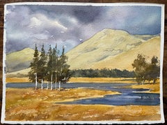 British Impressionist Watercolor of Highland Landscape with Trees and River