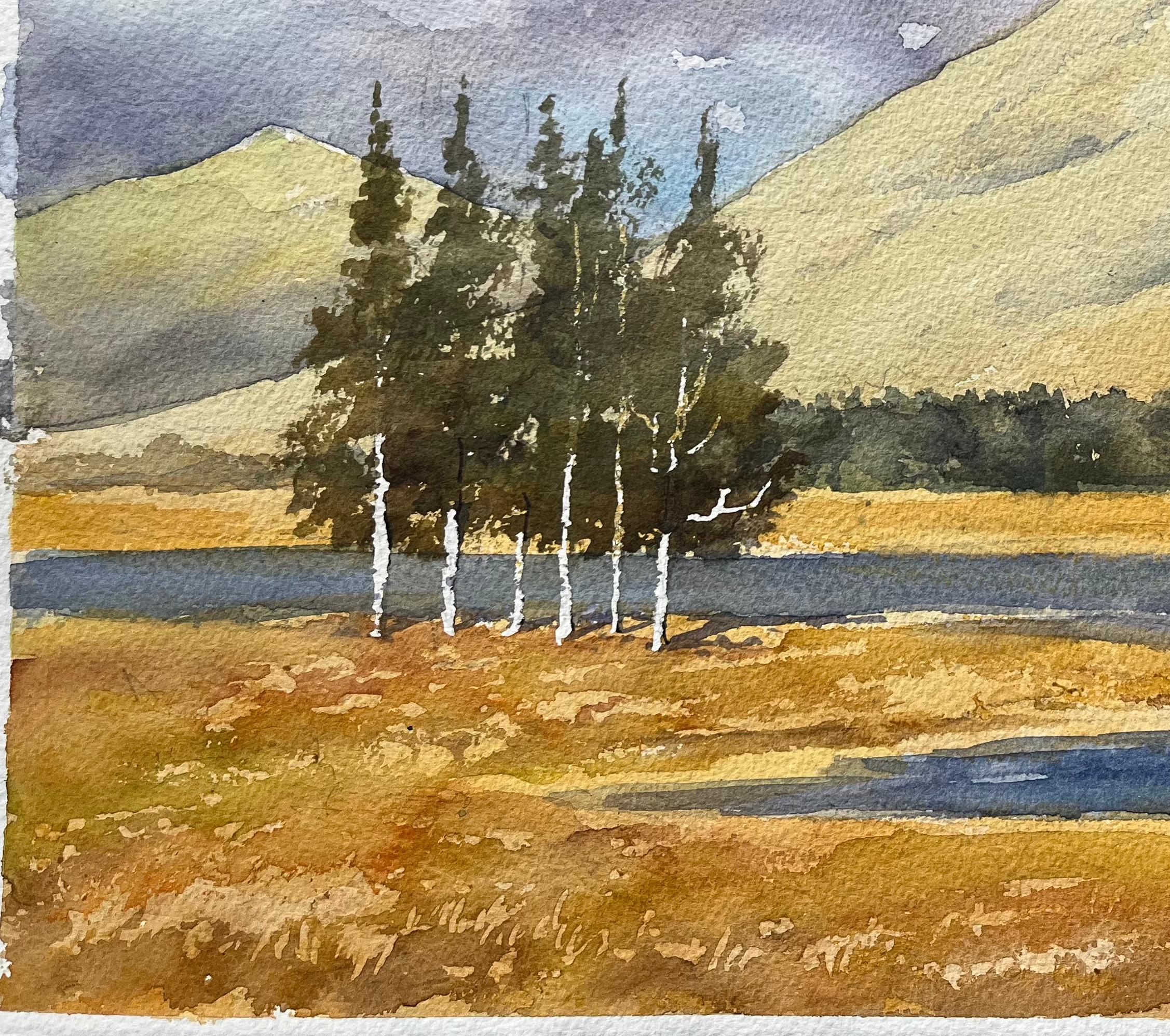 Acuarela impresionista británica de paisaje montañoso con árboles y río - Painting Impresionista de Anthony Avery