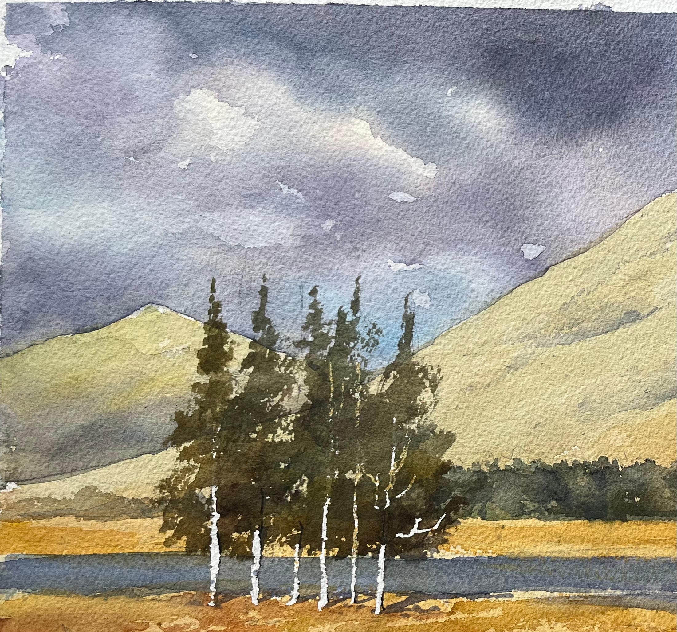Acuarela impresionista británica de paisaje montañoso con árboles y río - Landscape Painting Marrón de Anthony Avery
