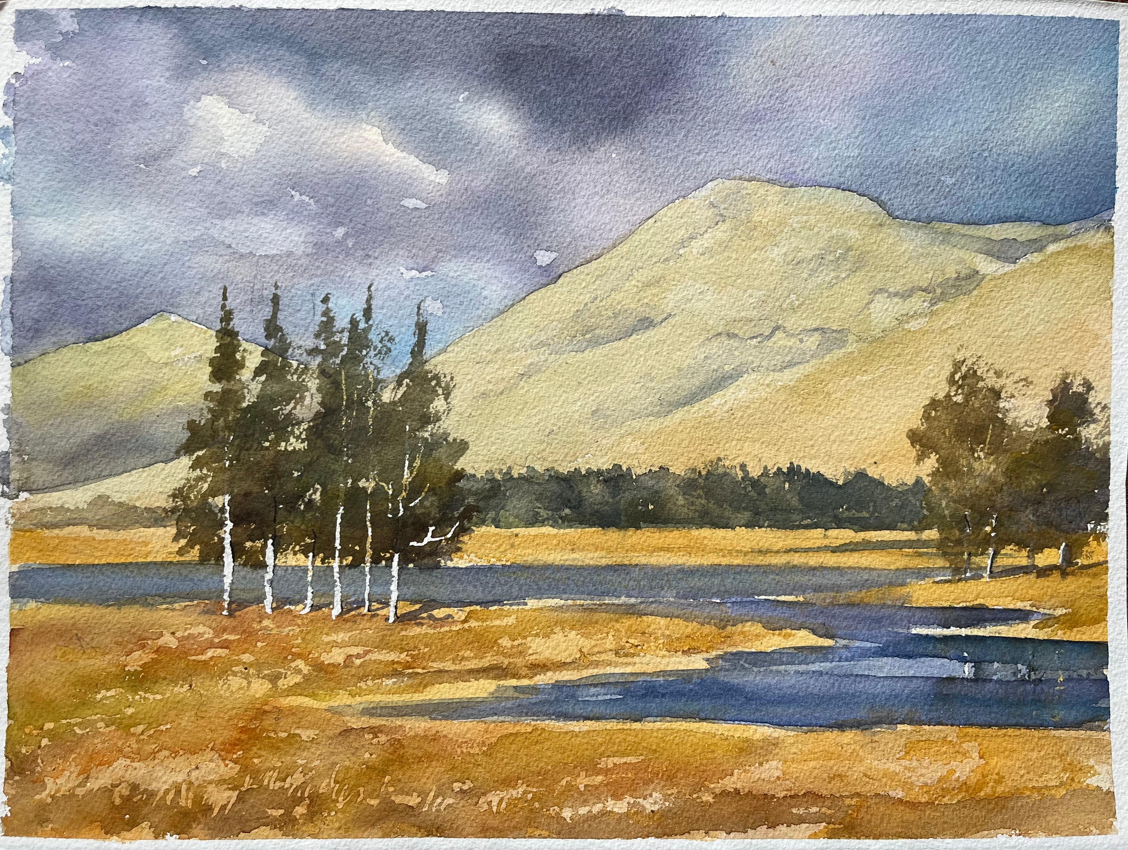 Landscape Painting de Anthony Avery - Acuarela impresionista británica de paisaje montañoso con árboles y río