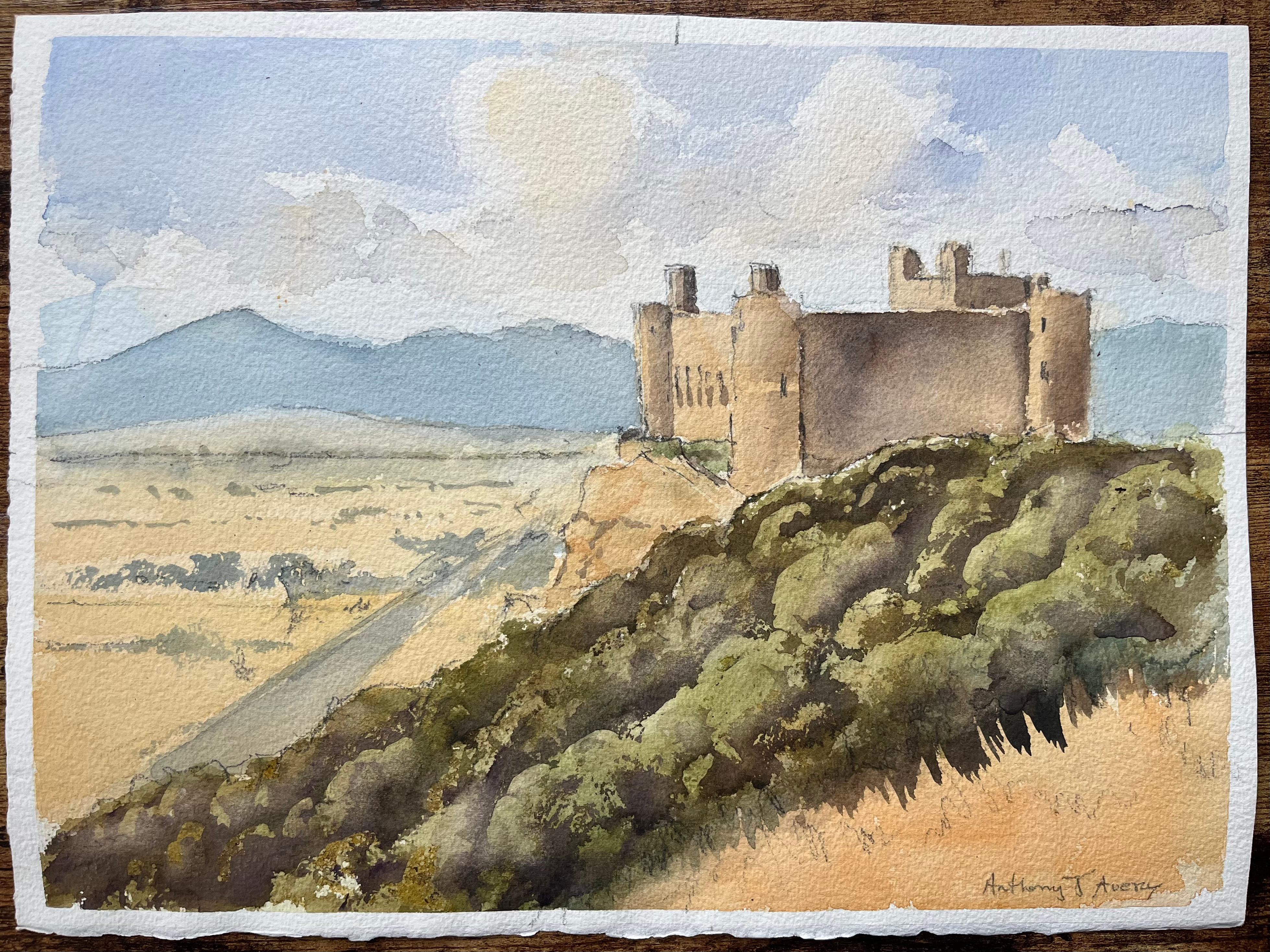 British Impressionist Watercolor of Hilltop Castle with Dramatic Landscape - Painting by Anthony Avery