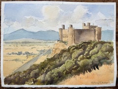 British Impressionist Watercolor of Hilltop Castle with Dramatic Landscape
