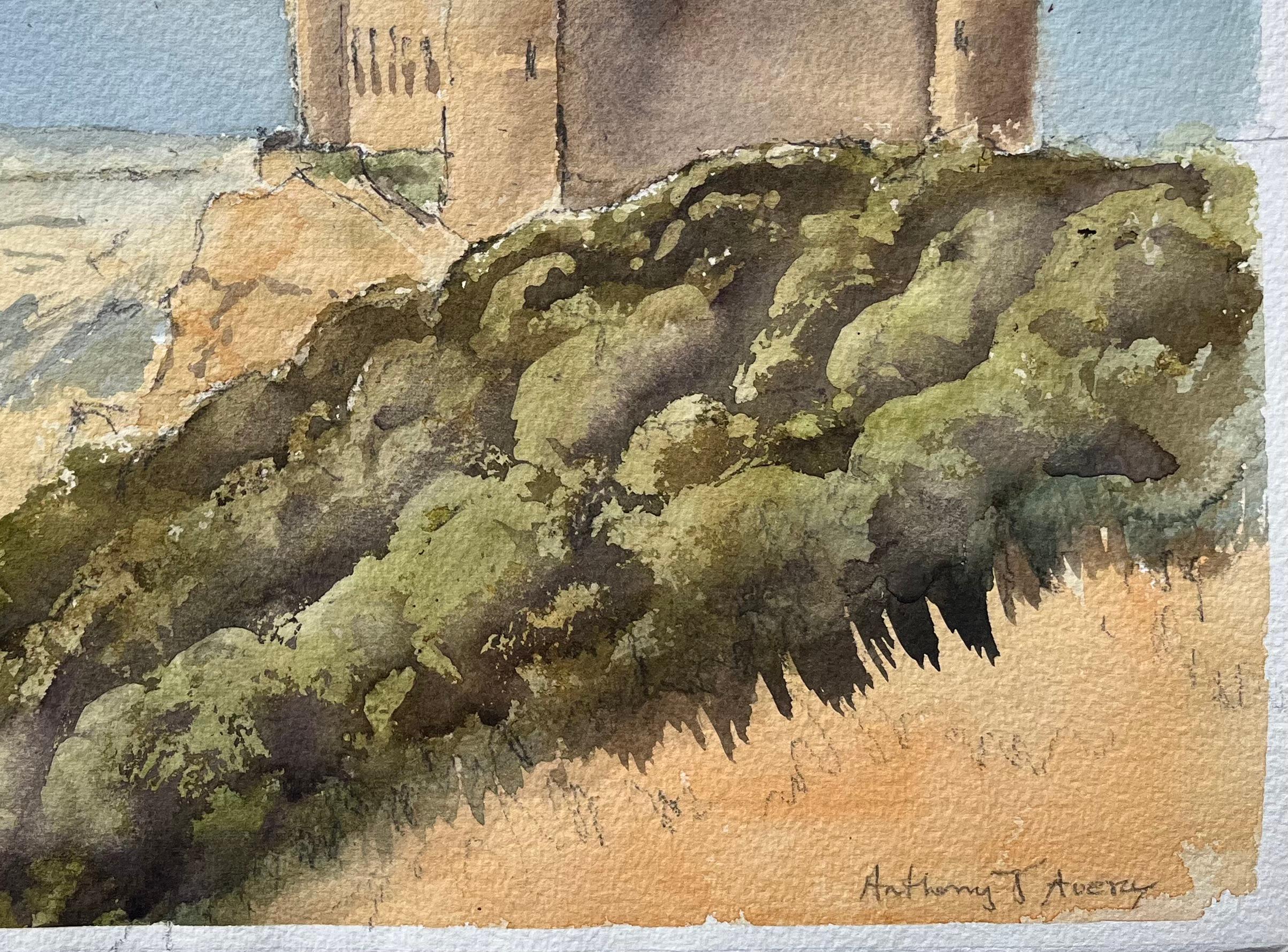 British Impressionist Watercolor of Hilltop Castle with Dramatic Landscape - Gray Landscape Painting by Anthony Avery