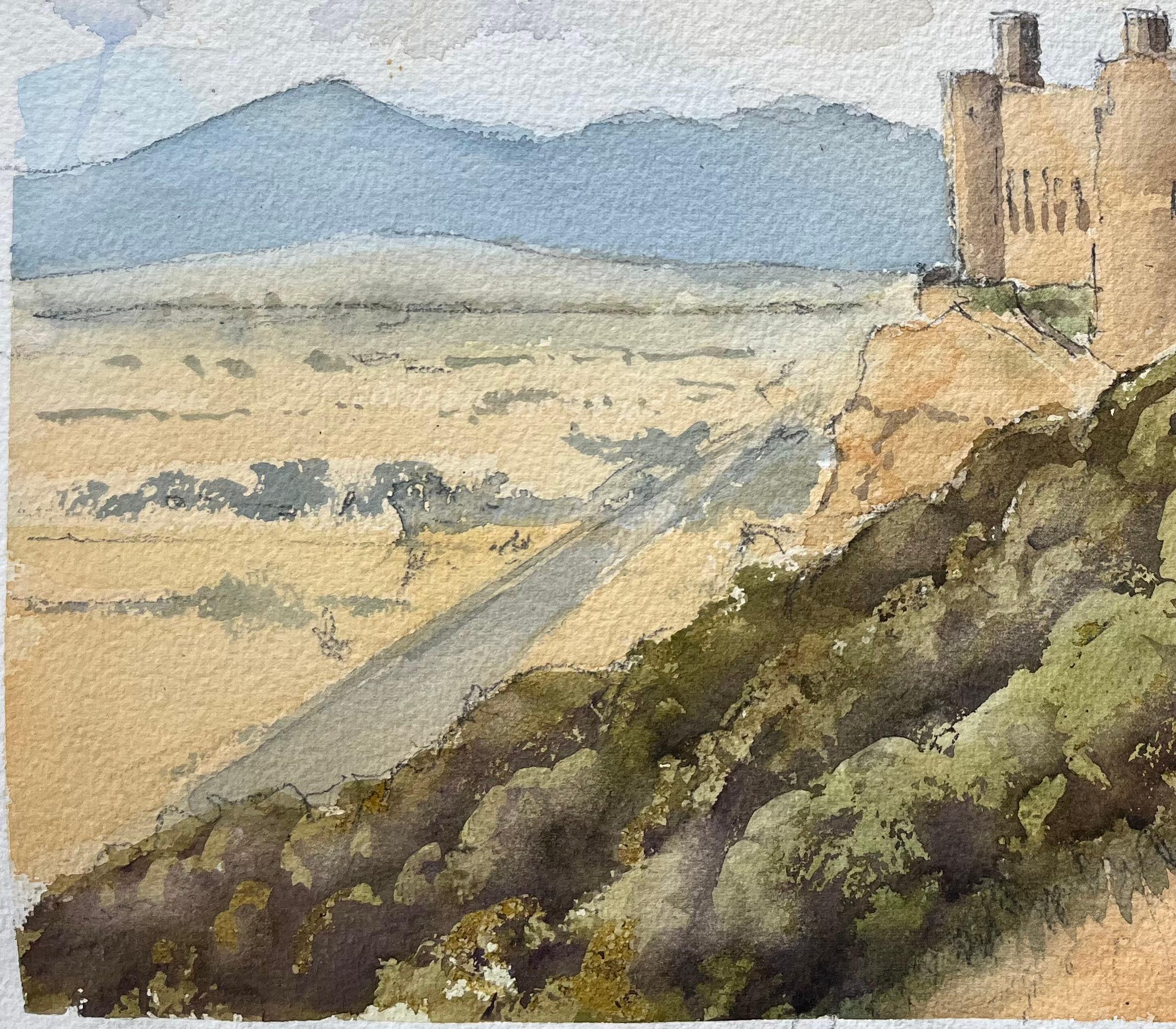 British Impressionist Watercolor of Hilltop Castle with Dramatic Landscape For Sale 1