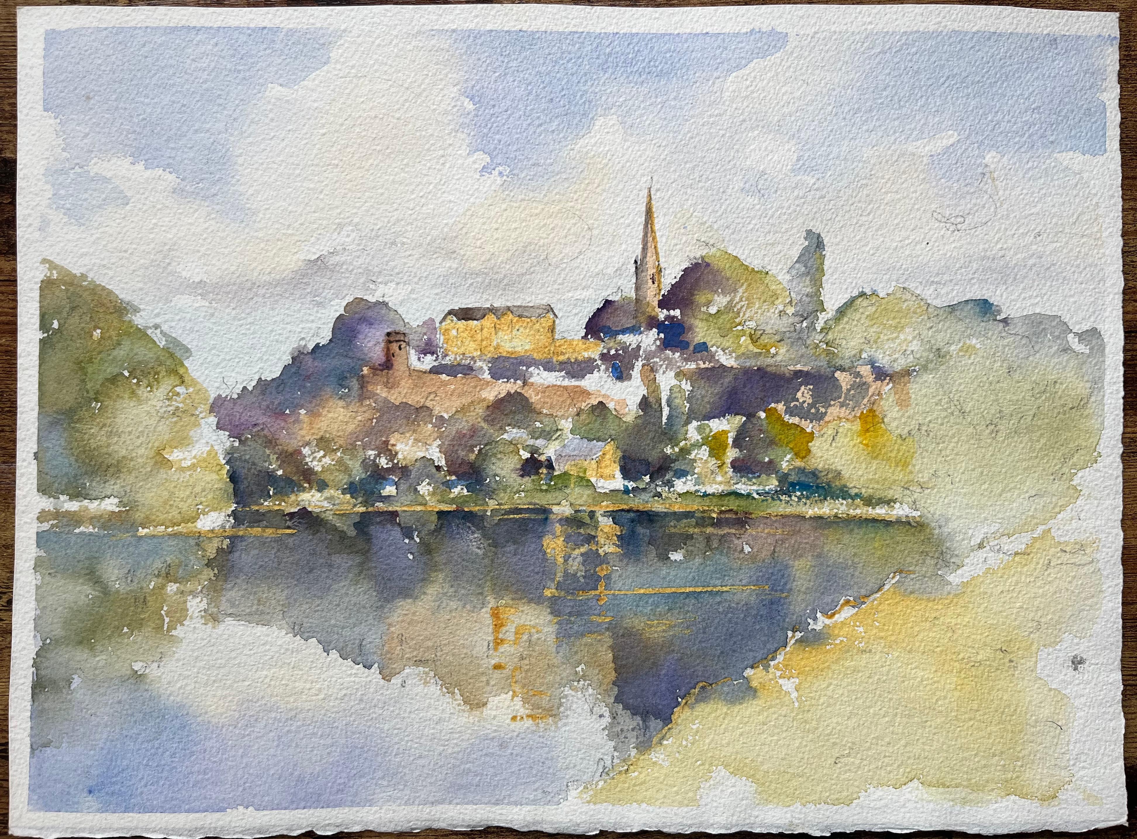 British Impressionist Watercolor of Hilltop Castle with Dramatic Landscape For Sale 3
