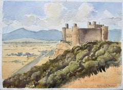 British Impressionist Watercolor of Hilltop Castle with Dramatic Landscape