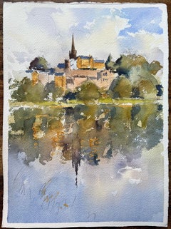 British Impressionist Watercolor of Hilltop Village and Church with Reflections