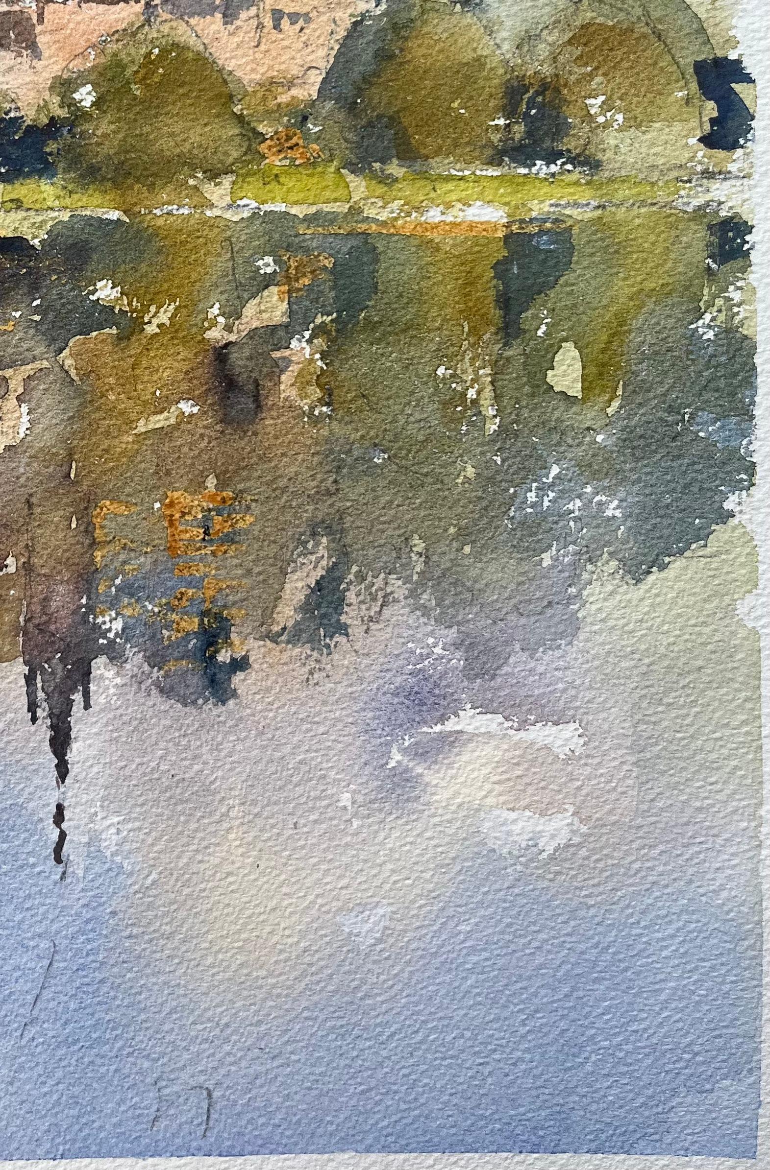 Titre : Aquarelle impressionniste britannique d'un village perché et d'une église avec des reflets
Par Anthony Avery (britannique 1946-2023)
Aquarelle originale sur papier d'artiste, non encadrée
Dimensions : 15.25 x 11.25 pouces (Hauteur x