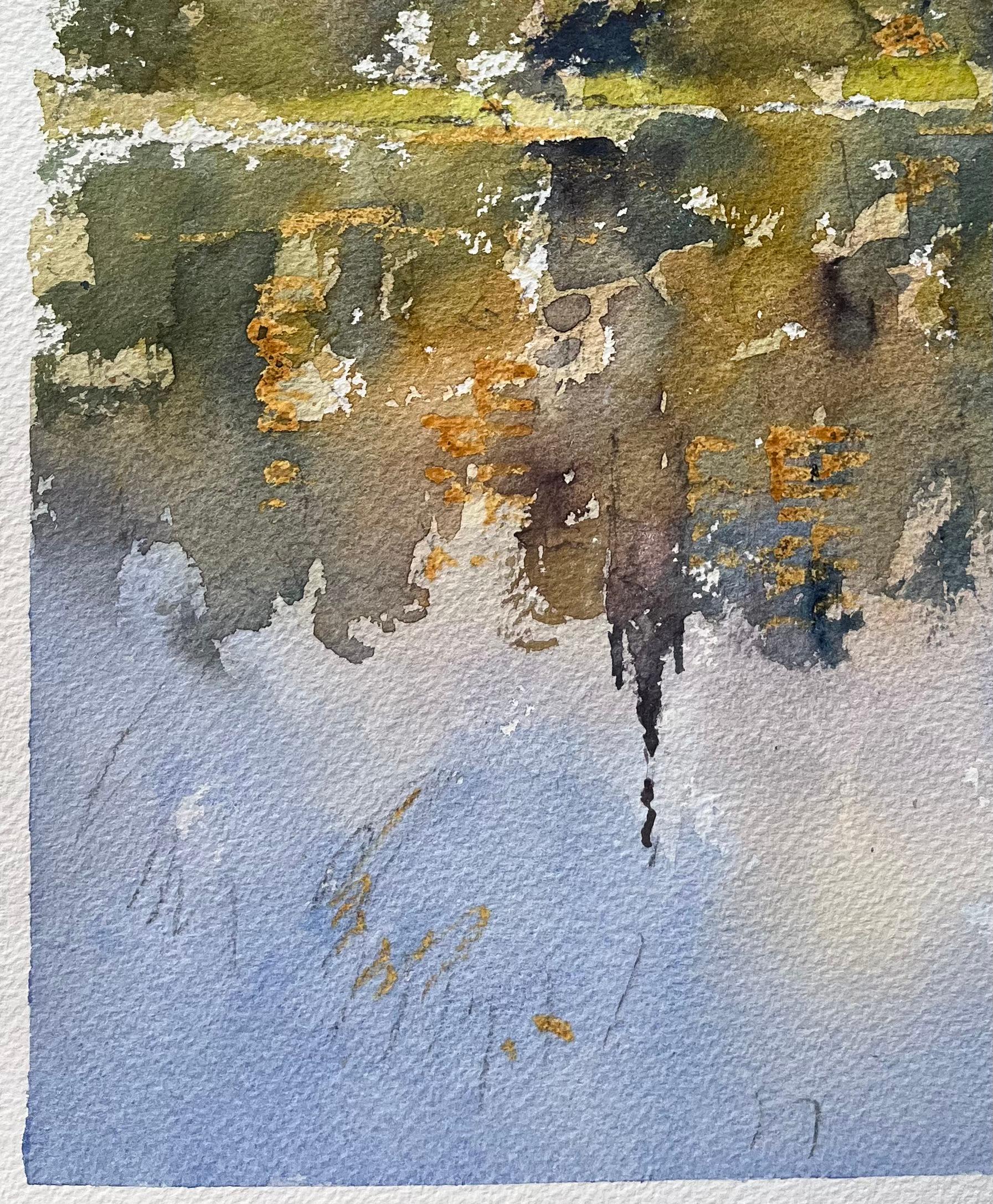 Aquarelle impressionniste britannique d'un village et d'une église de Hilltop Village avec reflets en vente 1