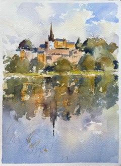 British Impressionist Watercolor of Hilltop Village and Church with Reflections