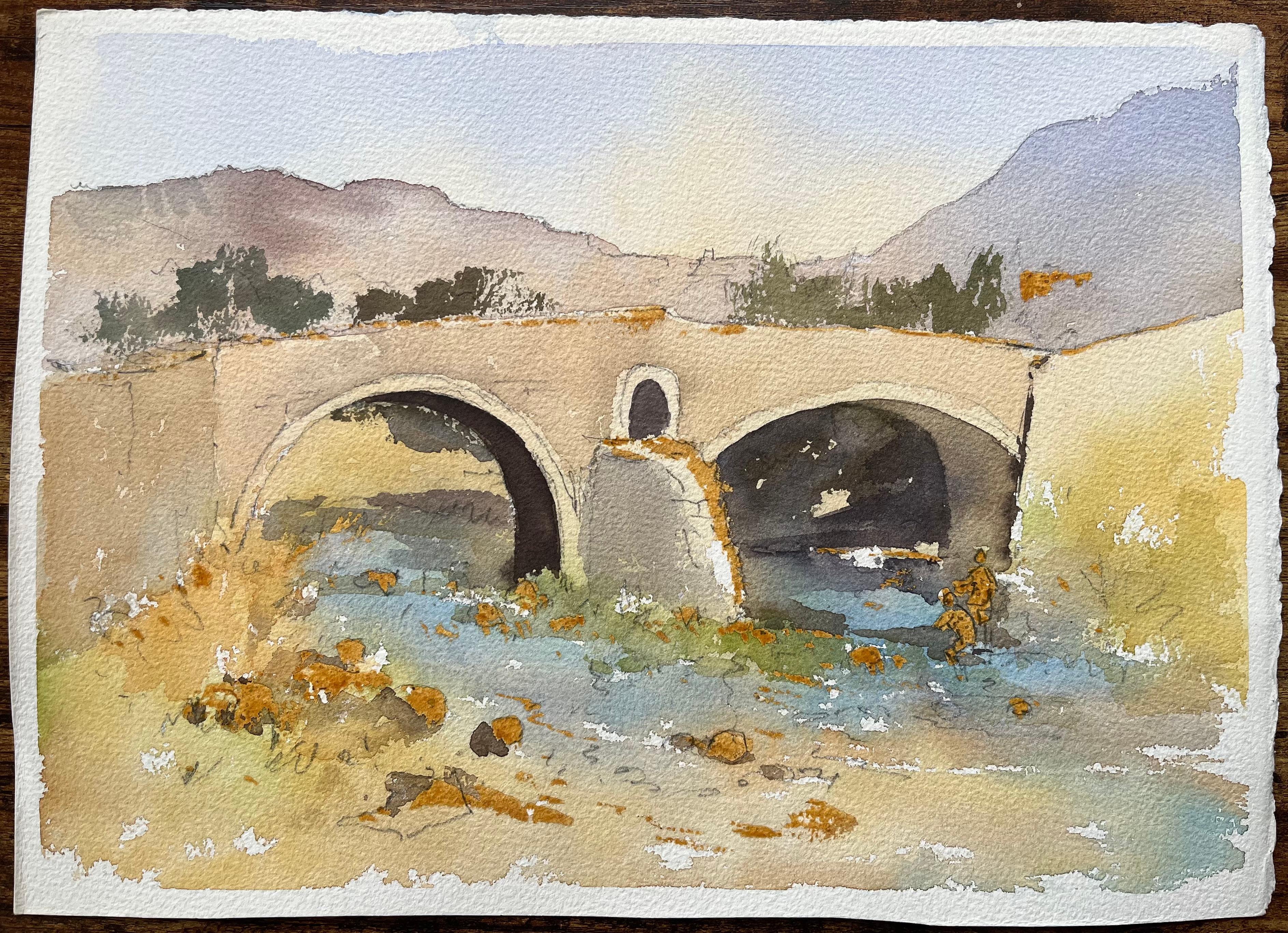 British Impressionist Watercolor of Historic Bridge Over a Stream with Fishermen - Painting by Anthony Avery