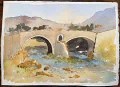 Britisches impressionistisches Aquarell der historischen Brücke über einem Fluss mit Fischern