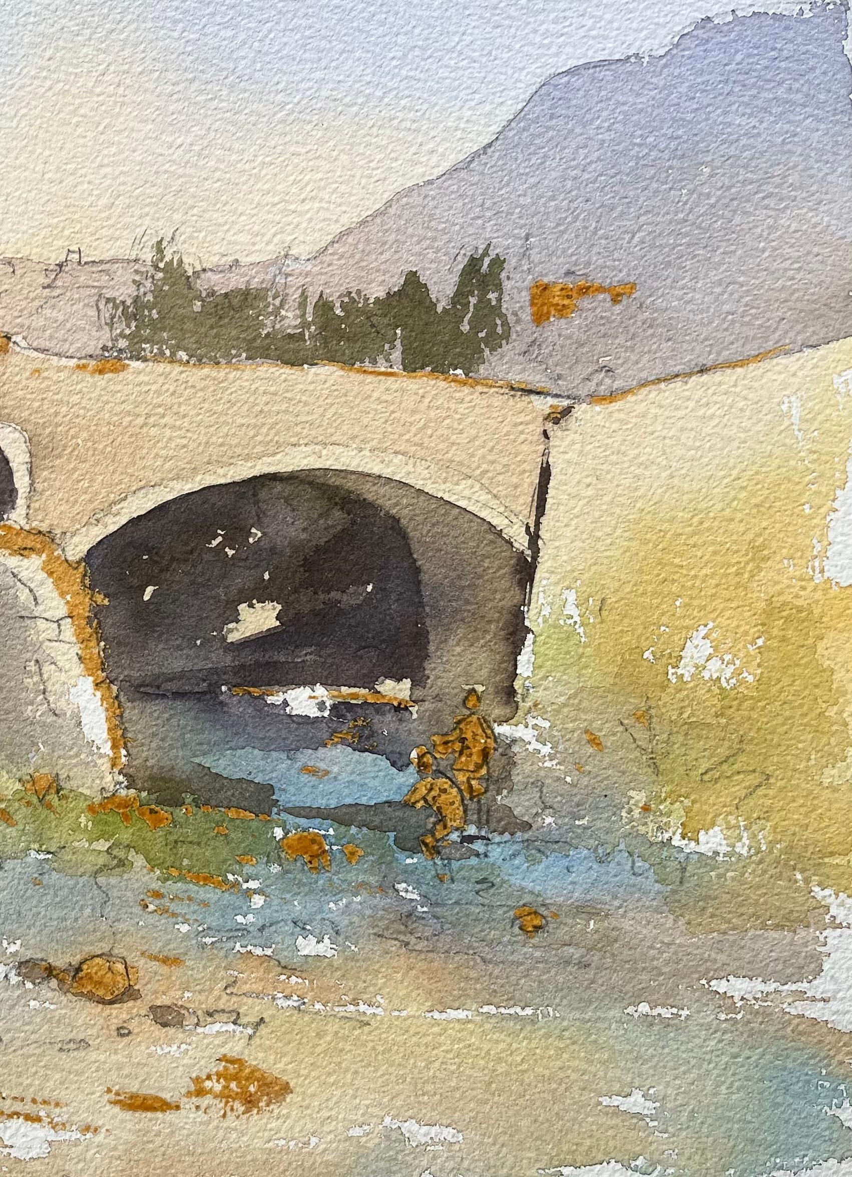 British Impressionist Watercolor of Historic Bridge Over a Stream with Fishermen - Beige Landscape Painting by Anthony Avery
