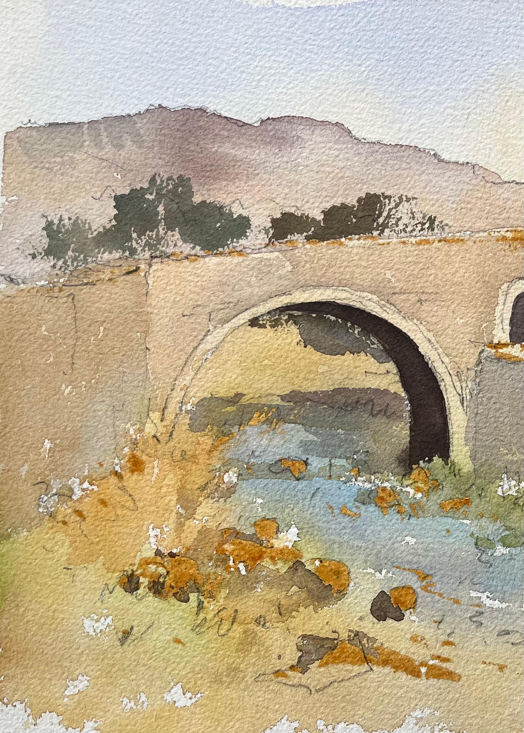British Impressionist Watercolor of Historic Bridge Over a Stream with Fishermen For Sale 1