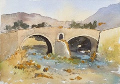 Britisches impressionistisches Aquarell der historischen Brücke über einem Fluss mit Fischern