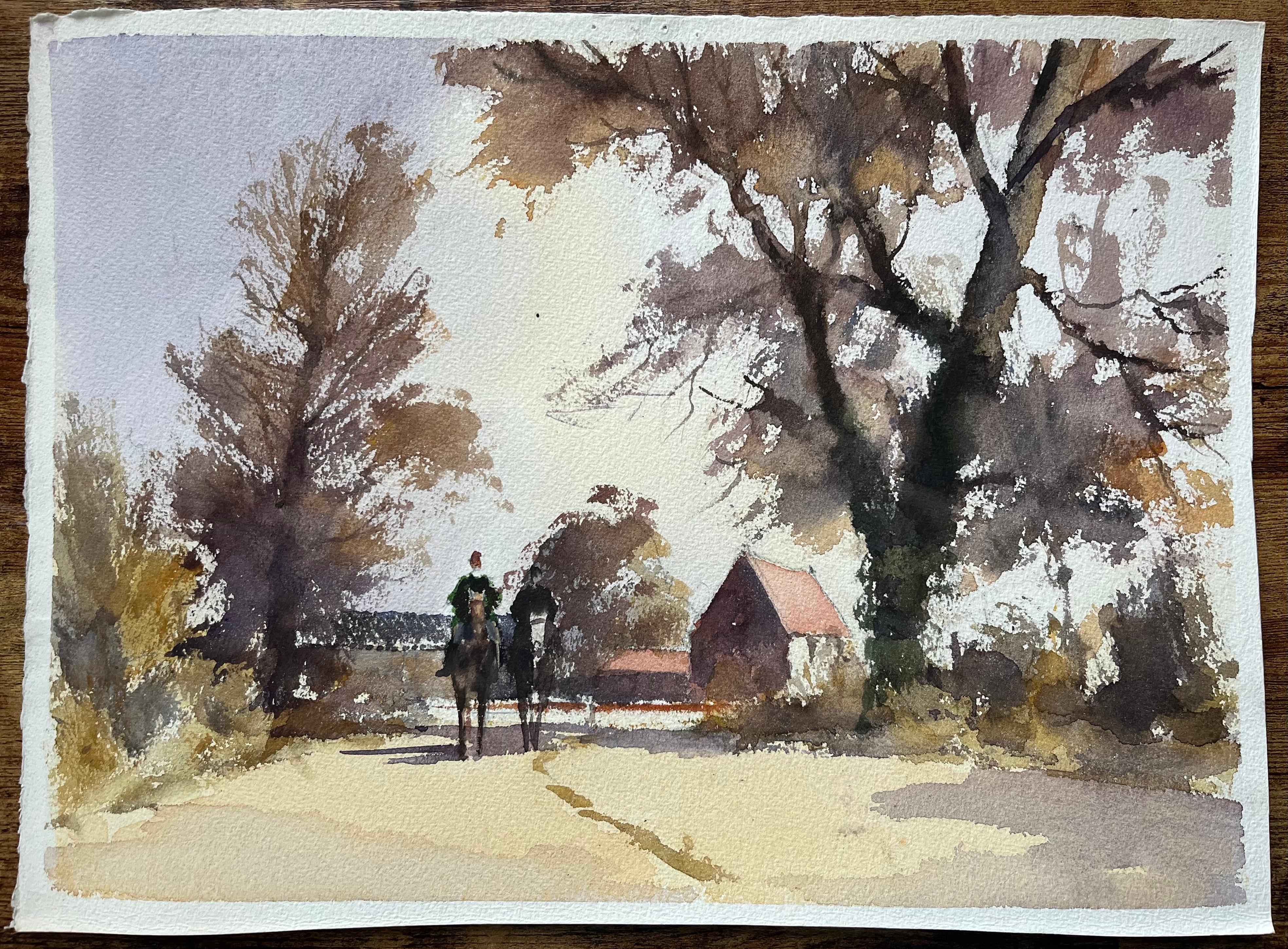 Acuarela impresionista británica de jinetes a caballo en un camino rural - Painting de Anthony Avery