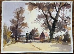 British Impressionist Watercolor of Horse Riders on a Country Lane