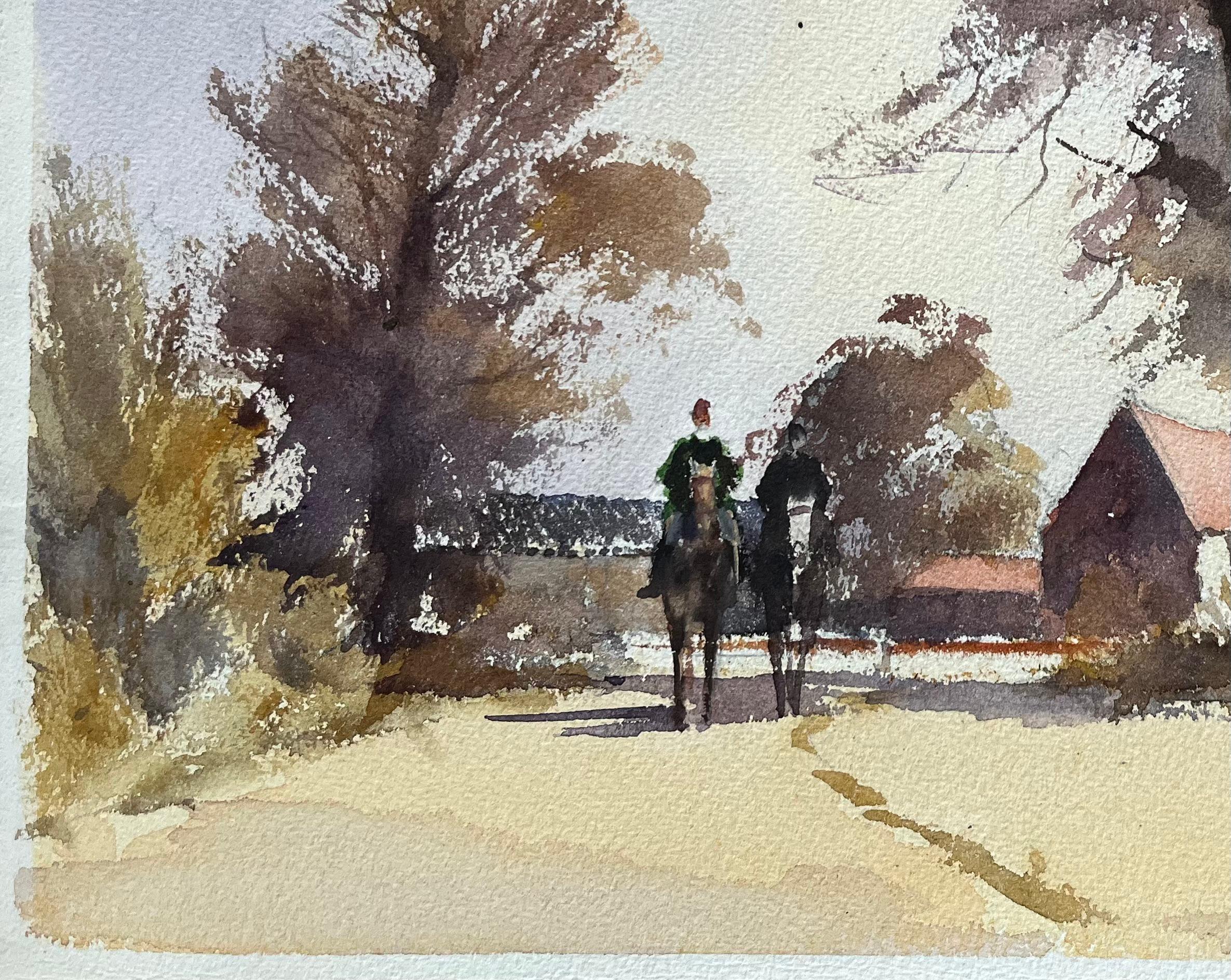 Acuarela impresionista británica de jinetes a caballo en un camino rural - Painting Impresionista de Anthony Avery