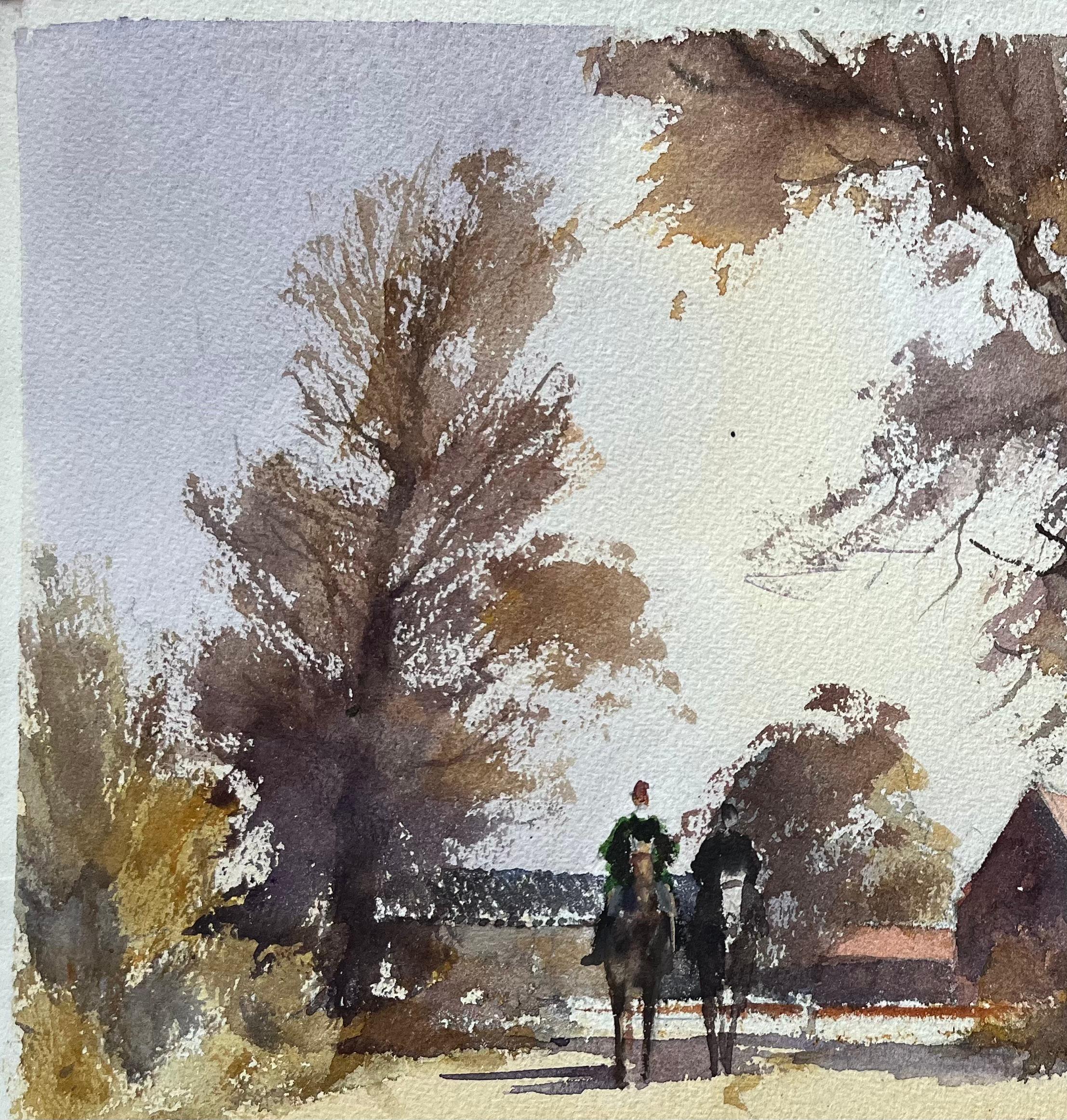 Acuarela impresionista británica de jinetes a caballo en un camino rural - Landscape Painting Gris de Anthony Avery