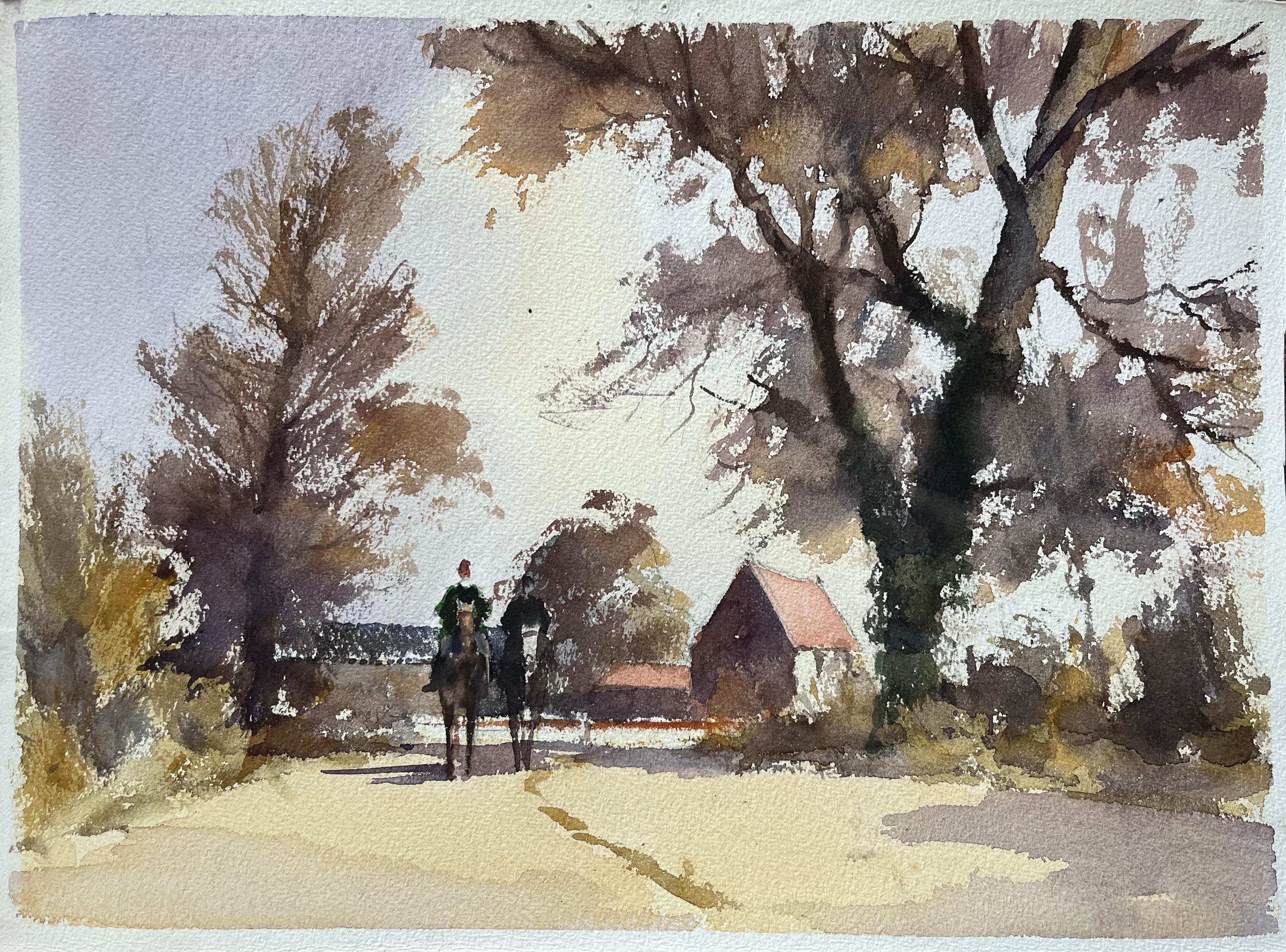 Landscape Painting de Anthony Avery - Acuarela impresionista británica de jinetes a caballo en un camino rural