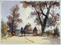 British Impressionist Watercolor of Horse Riders on a Country Lane