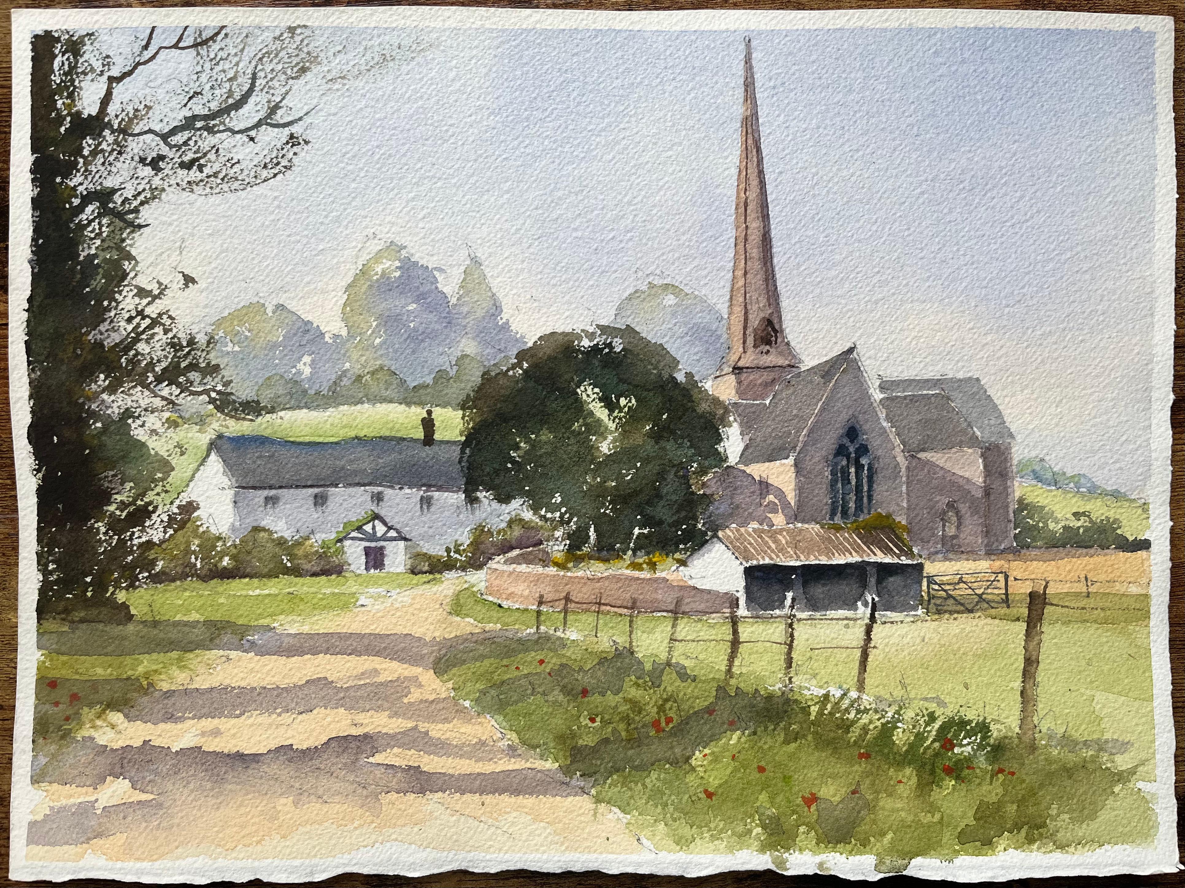Acuarela Impresionista Británica de una Idílica Campiña Inglesa con Iglesia - Painting de Anthony Avery
