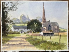 English Impressionist Watercolor of Idyllic English Countryside with Church's