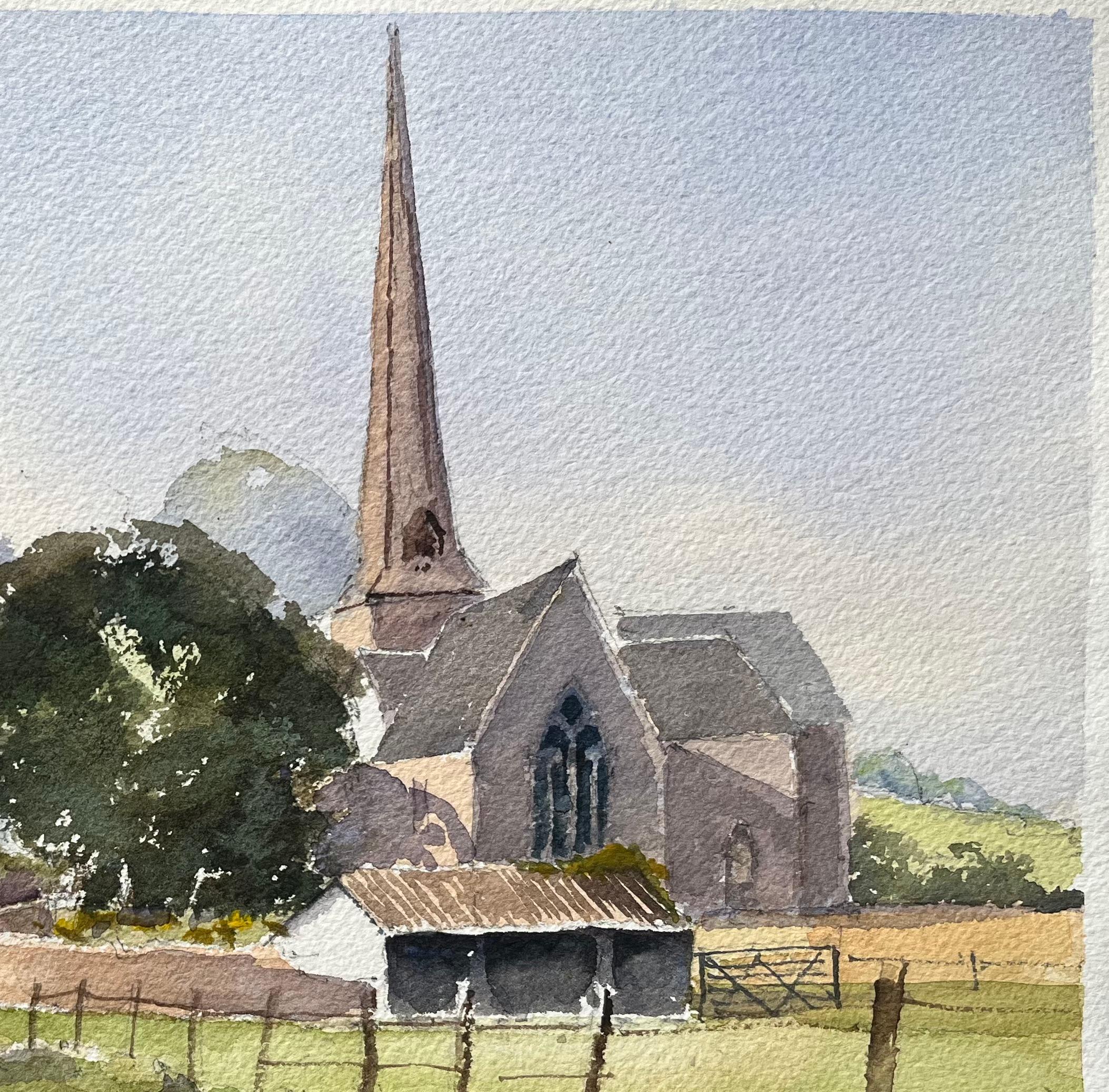 Acuarela Impresionista Británica de una Idílica Campiña Inglesa con Iglesia - Landscape Painting Beige de Anthony Avery