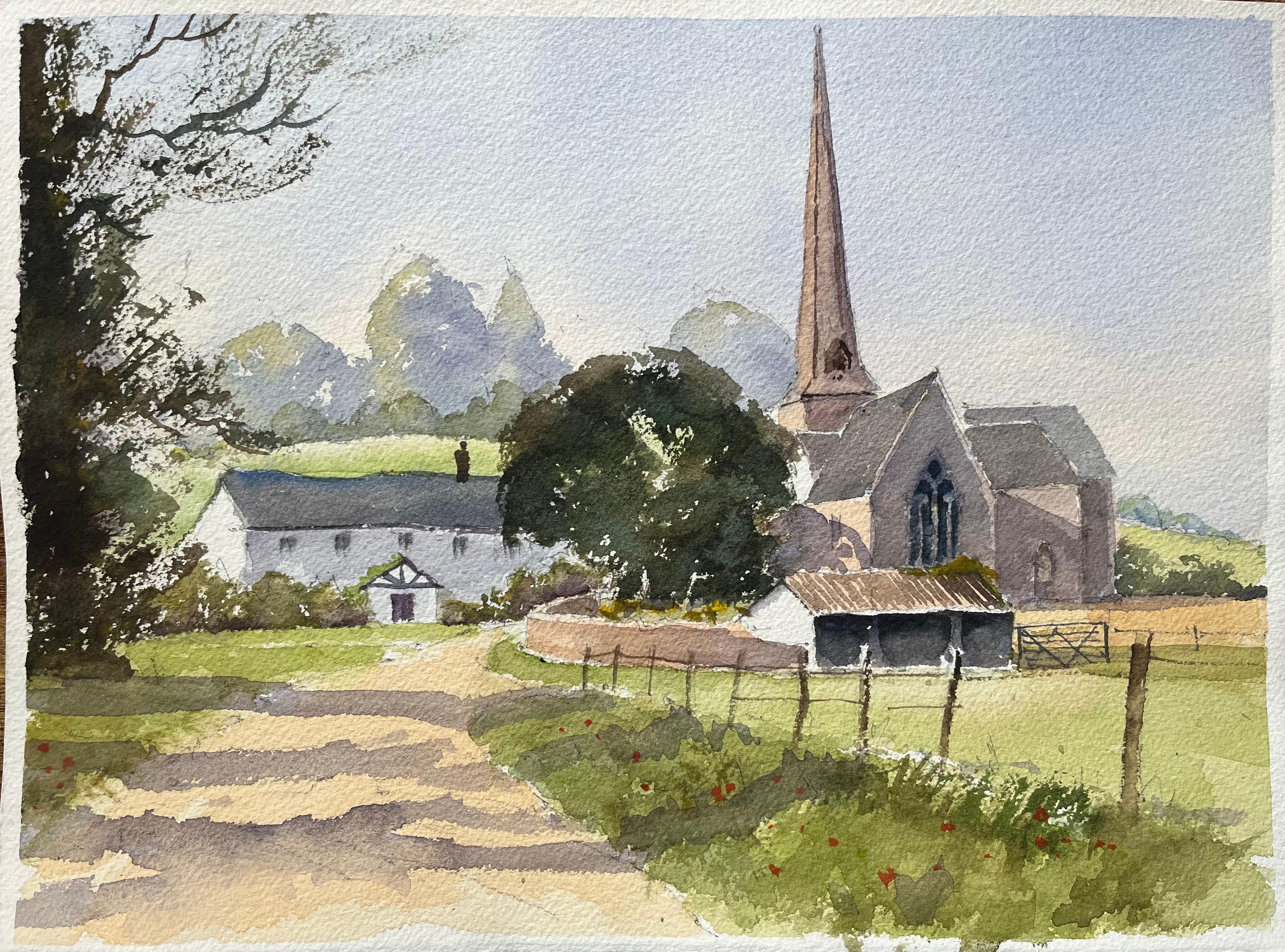 Landscape Painting de Anthony Avery - Acuarela Impresionista Británica de una Idílica Campiña Inglesa con Iglesia