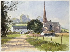 British Impressionist Watercolor of Idyllic English Countryside with Church