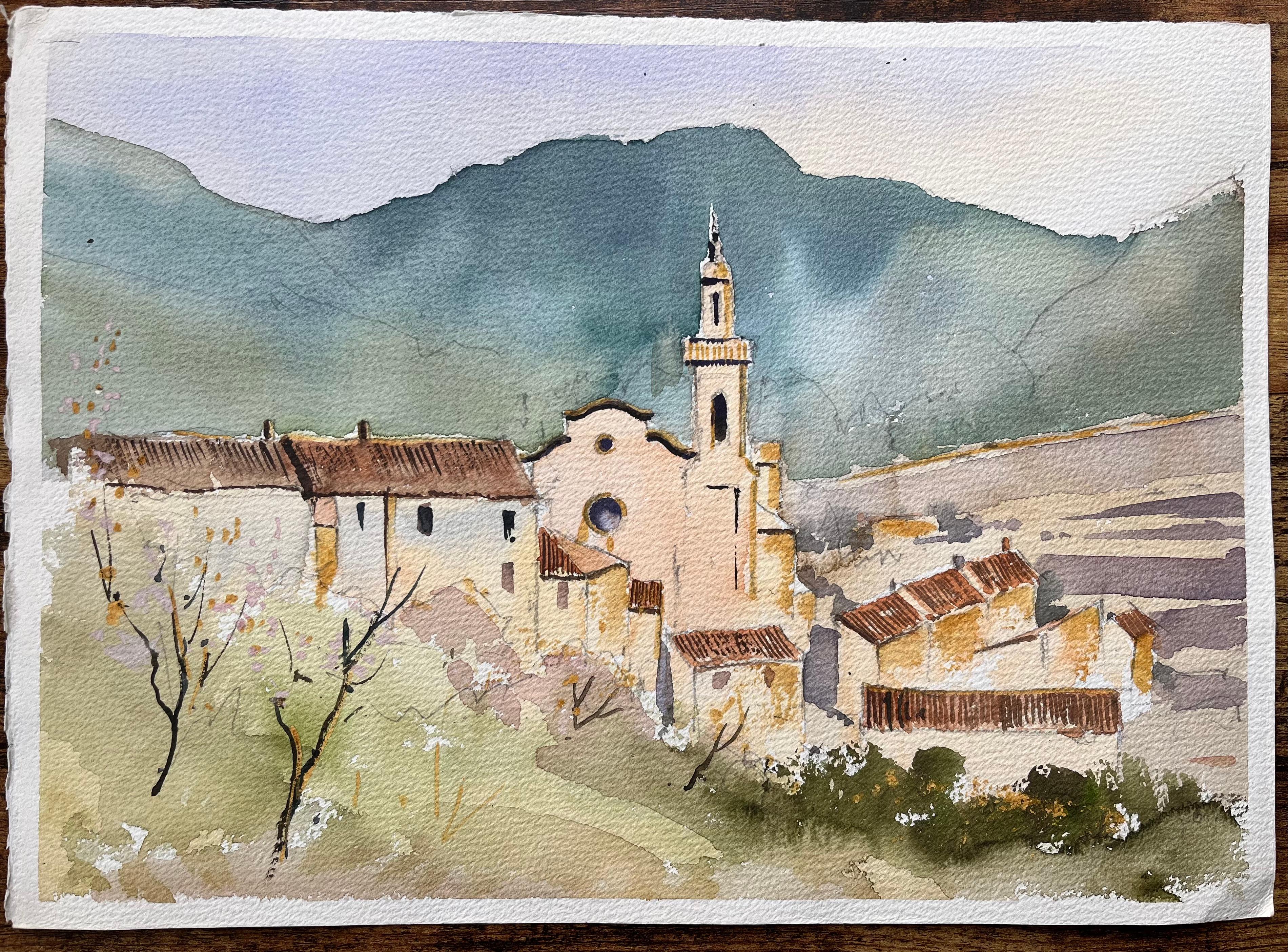 Britisches impressionistisches Aquarell des Idyllic Mountain Village, britisches Bergdorf – Painting von Anthony Avery