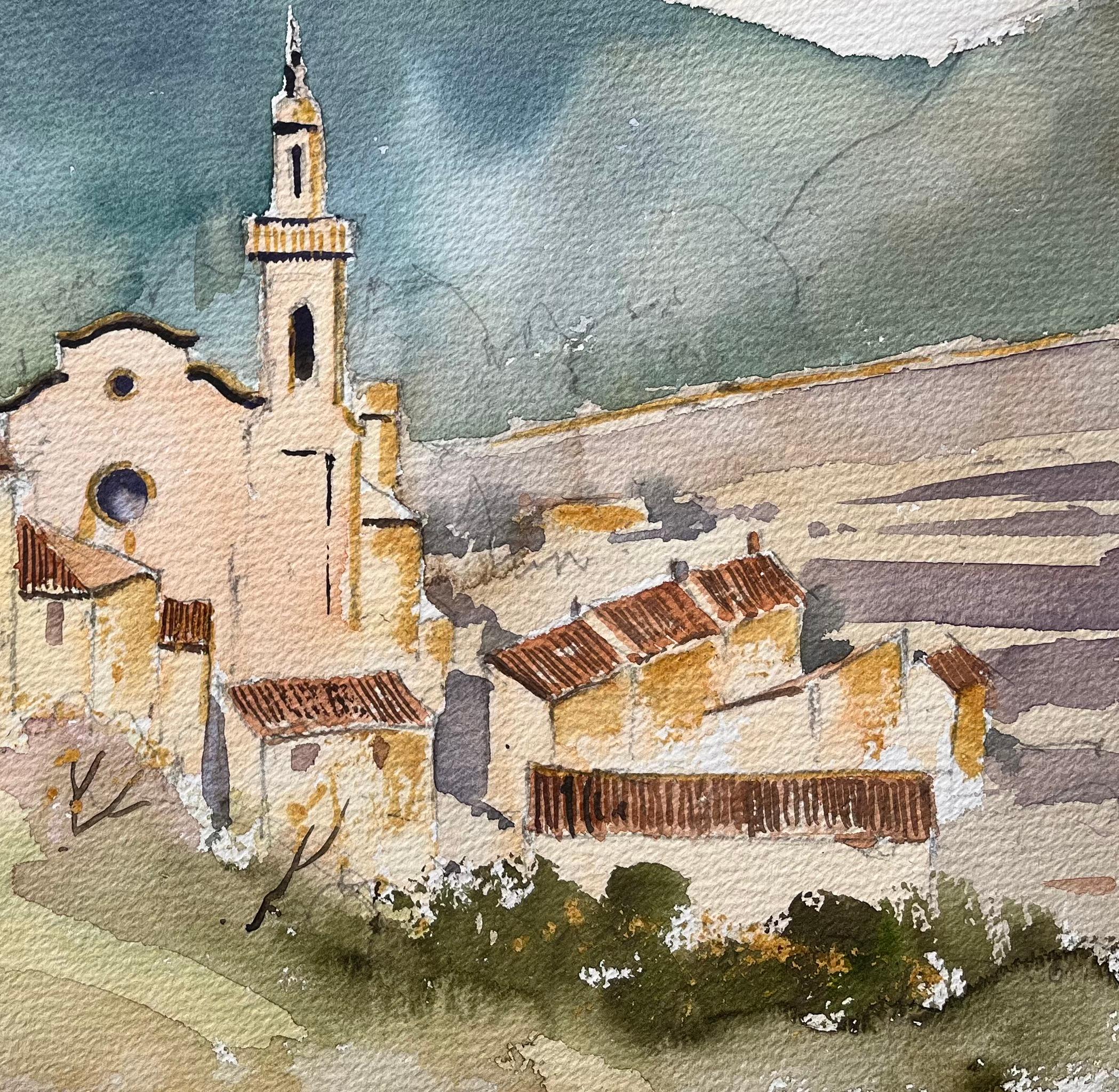 Britisches impressionistisches Aquarell des Idyllic Mountain Village, britisches Bergdorf (Grau), Landscape Painting, von Anthony Avery