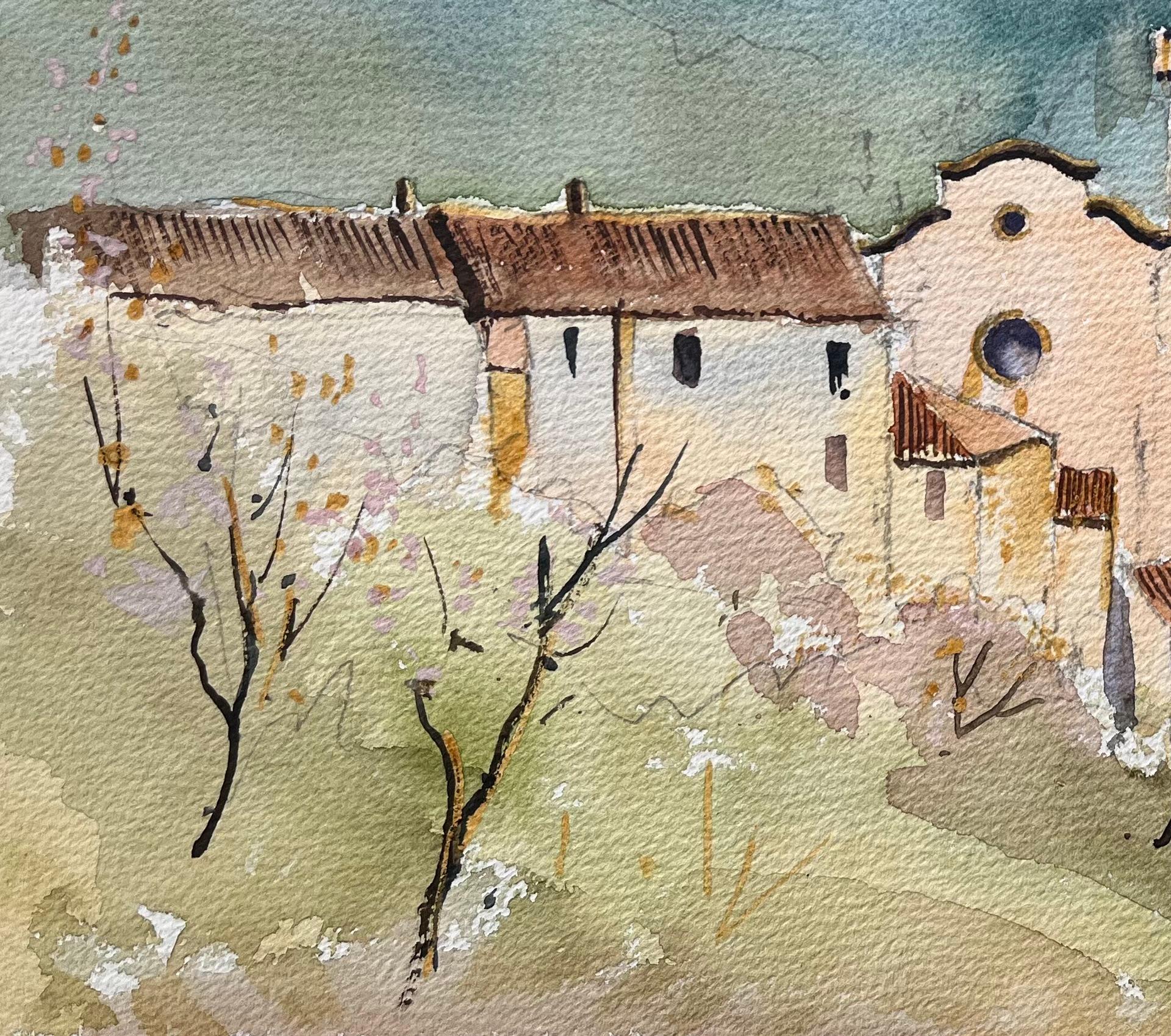 Titel: Aquarell eines britischen Impressionisten mit idyllischem Bergdorf
von Anthony Avery (Brite 1946-2023)
Original-Aquarell auf Künstlerpapier, ungerahmt
Abmessungen: 11 x 15,25 Zoll (Höhe x Breite)
Zustand: Gut 
Provenienz: aus einer großen