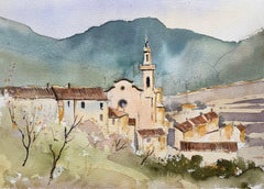 Britisches impressionistisches Aquarell des Idyllic Mountain Village, britisches Bergdorf
