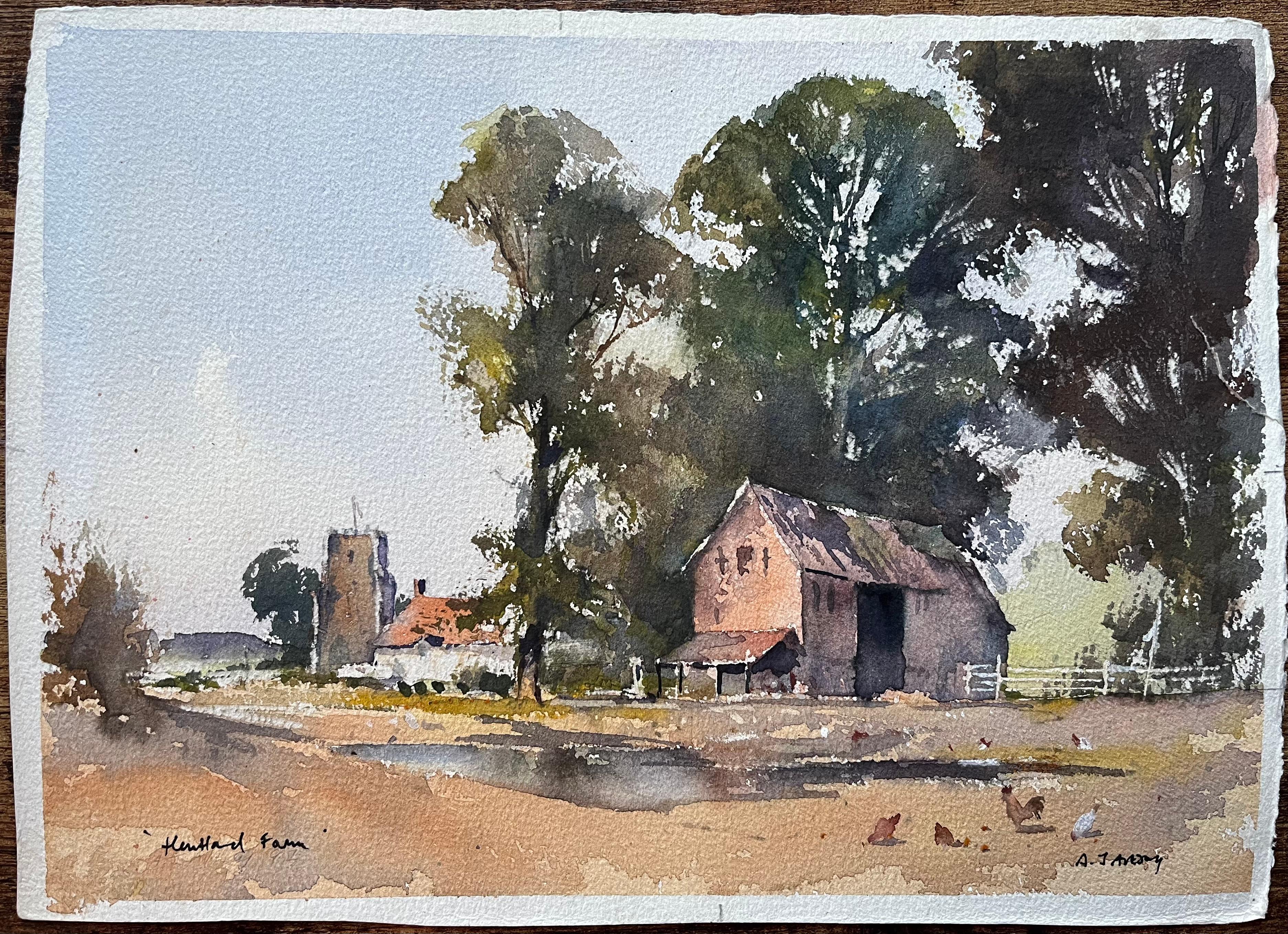 British Impressionist Watercolor of Kentfield Farm, with Church and Chickens - Painting by Anthony Avery