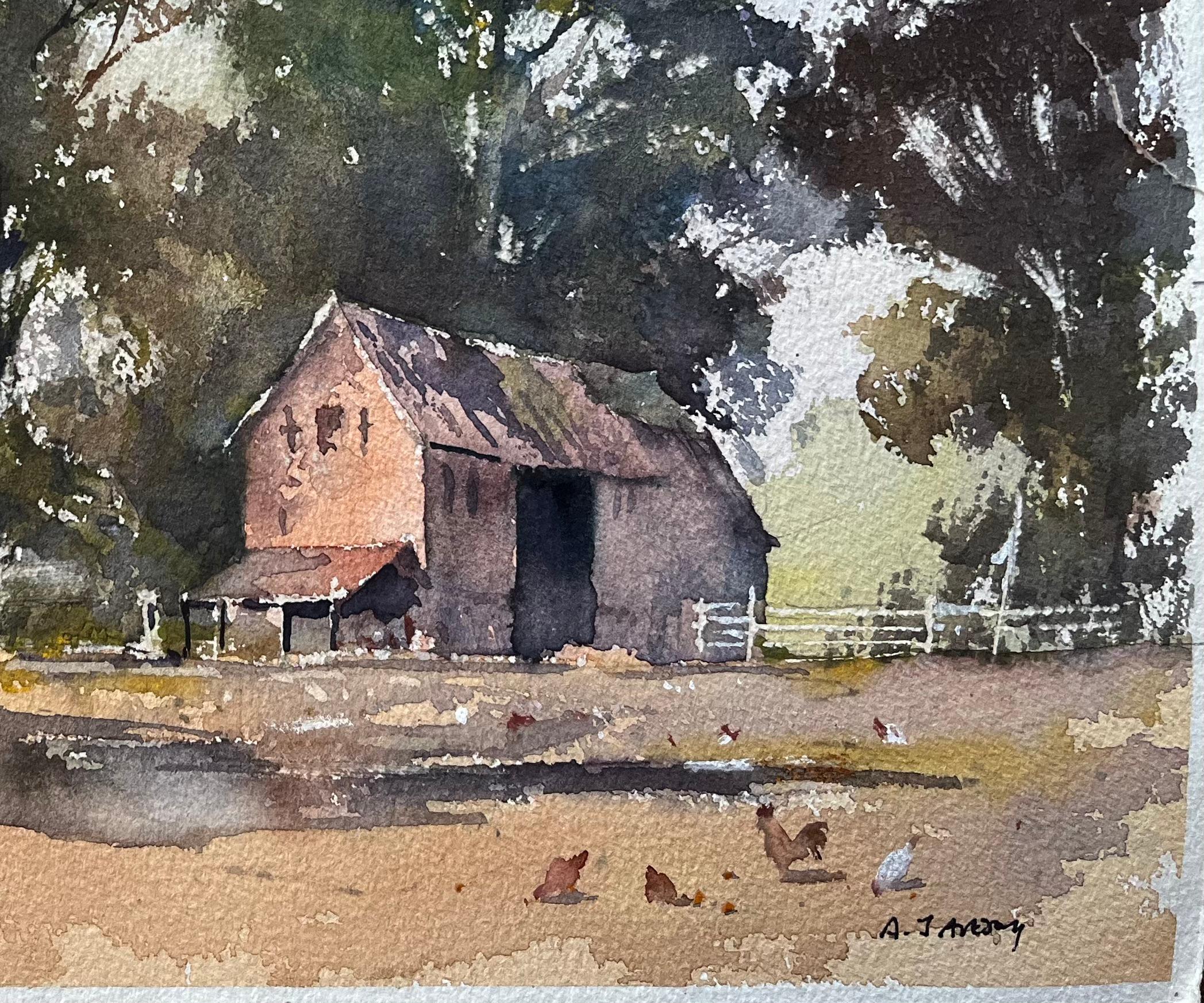 British Impressionist Watercolor of Kentfield Farm, with Church and Chickens - Gray Landscape Painting by Anthony Avery
