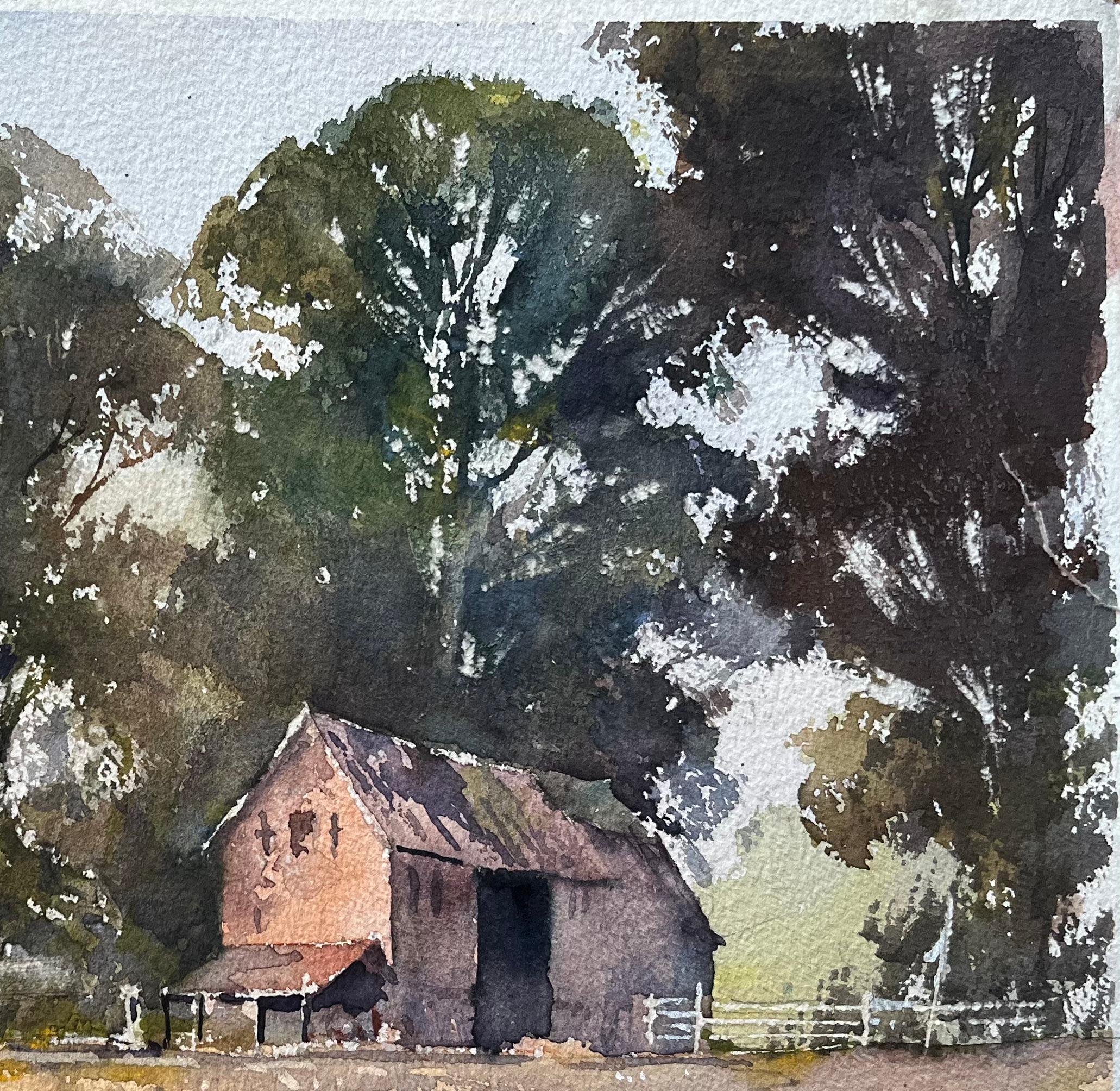 British Impressionist Watercolor of Kentfield Farm, with Church and Chickens For Sale 1