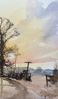 British Impressionist Watercolor of Landscape at Dusk with Trees and Shadows