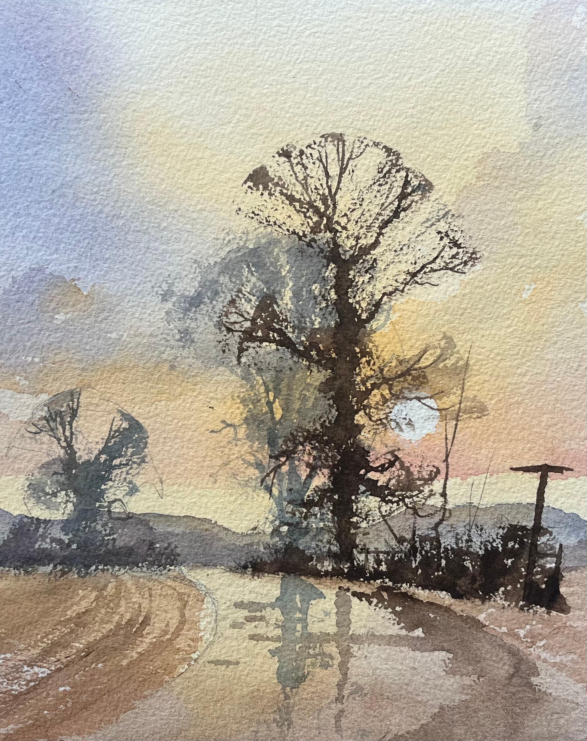 British Impressionist Watercolor of Landscape at Dusk with Trees and Shadows - Gray Landscape Painting by Anthony Avery