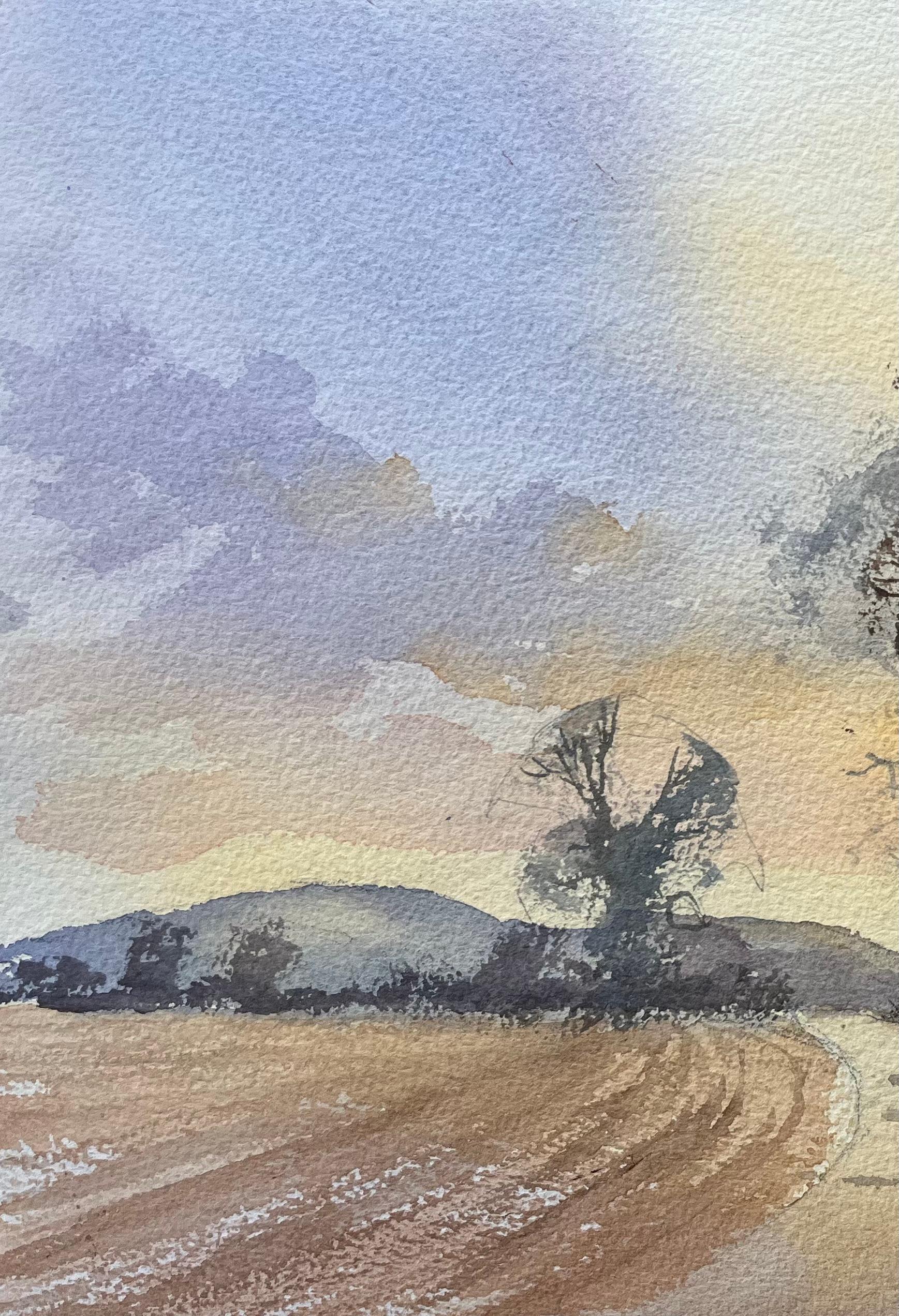 British Impressionist Watercolor of Landscape at Dusk with Trees and Shadows For Sale 1