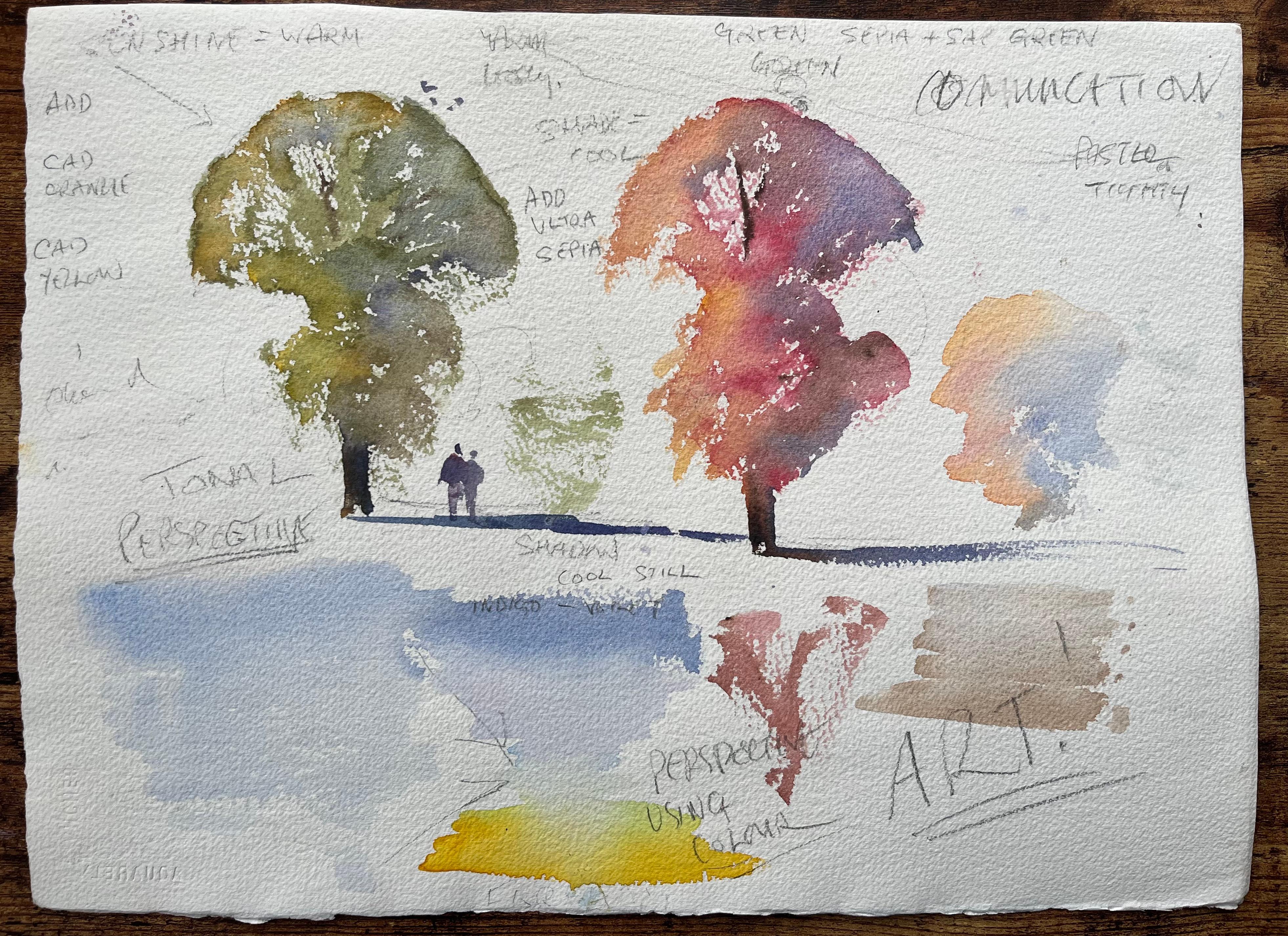 British Impressionist Watercolor of Landscape at Dusk with Trees and Shadows For Sale 2
