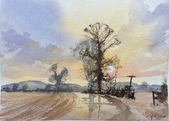 Acquerello impressionista britannico di un paesaggio al crepuscolo con alberi e ombre