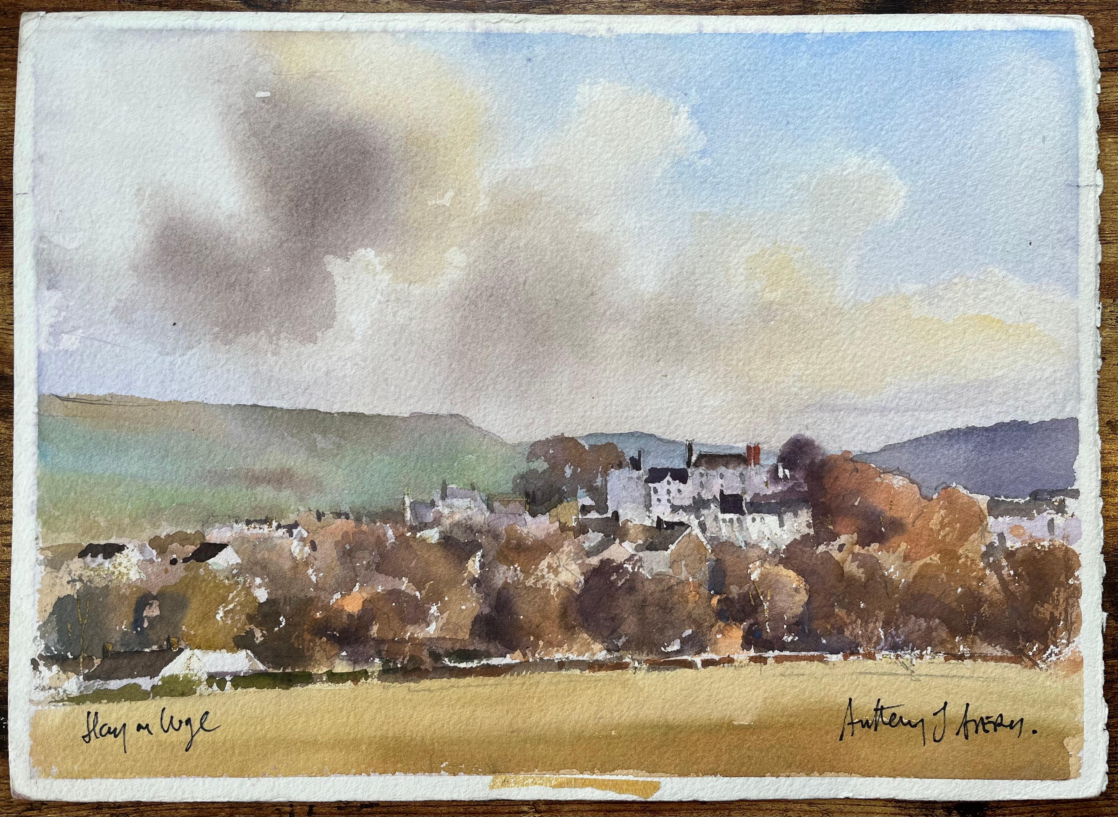Britischer Impressionist Aquarell der Landschaft von Hay-on-Wye – Painting von Anthony Avery