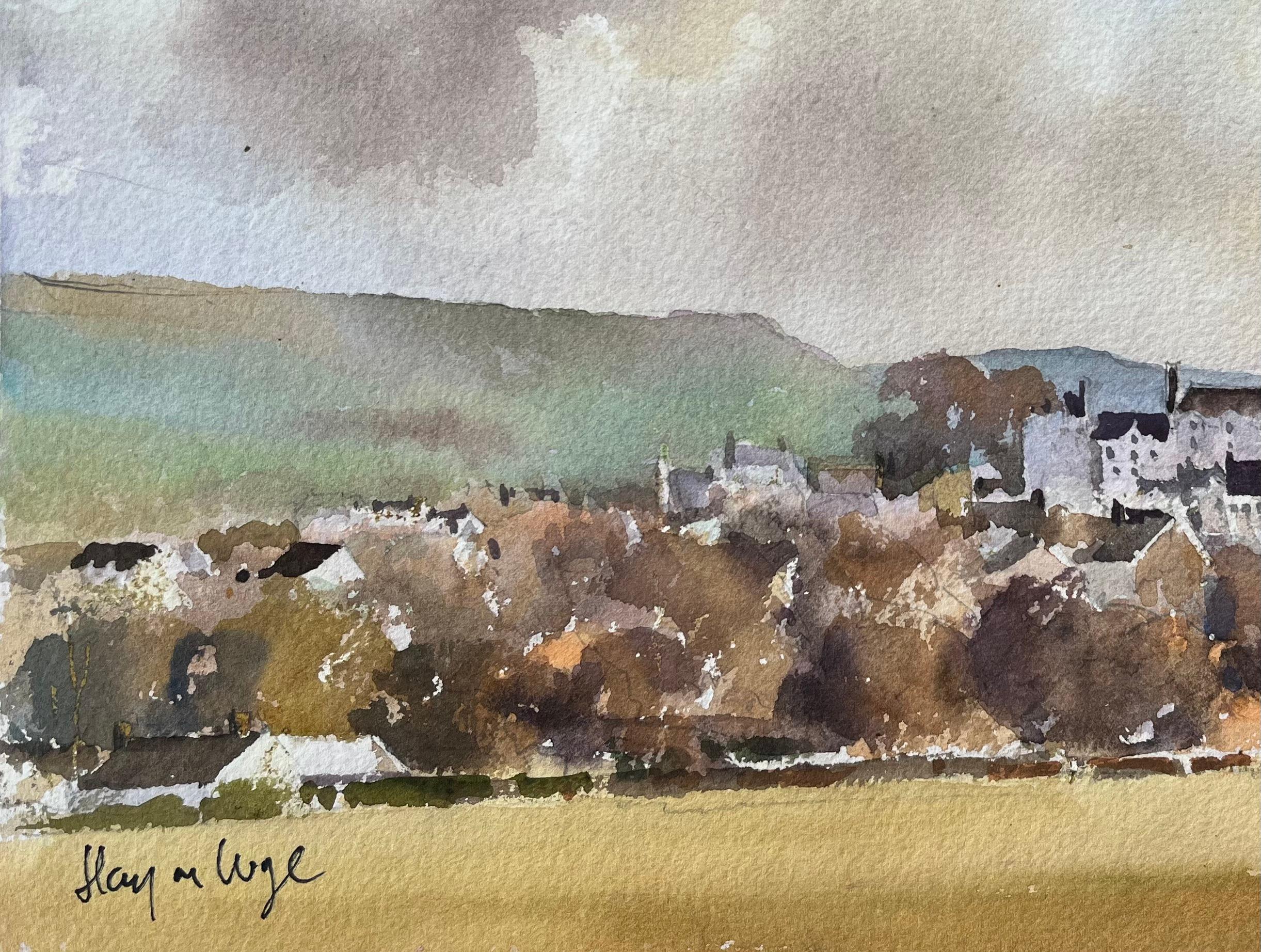 Britischer Impressionist Aquarell der Landschaft von Hay-on-Wye (Grau), Landscape Painting, von Anthony Avery