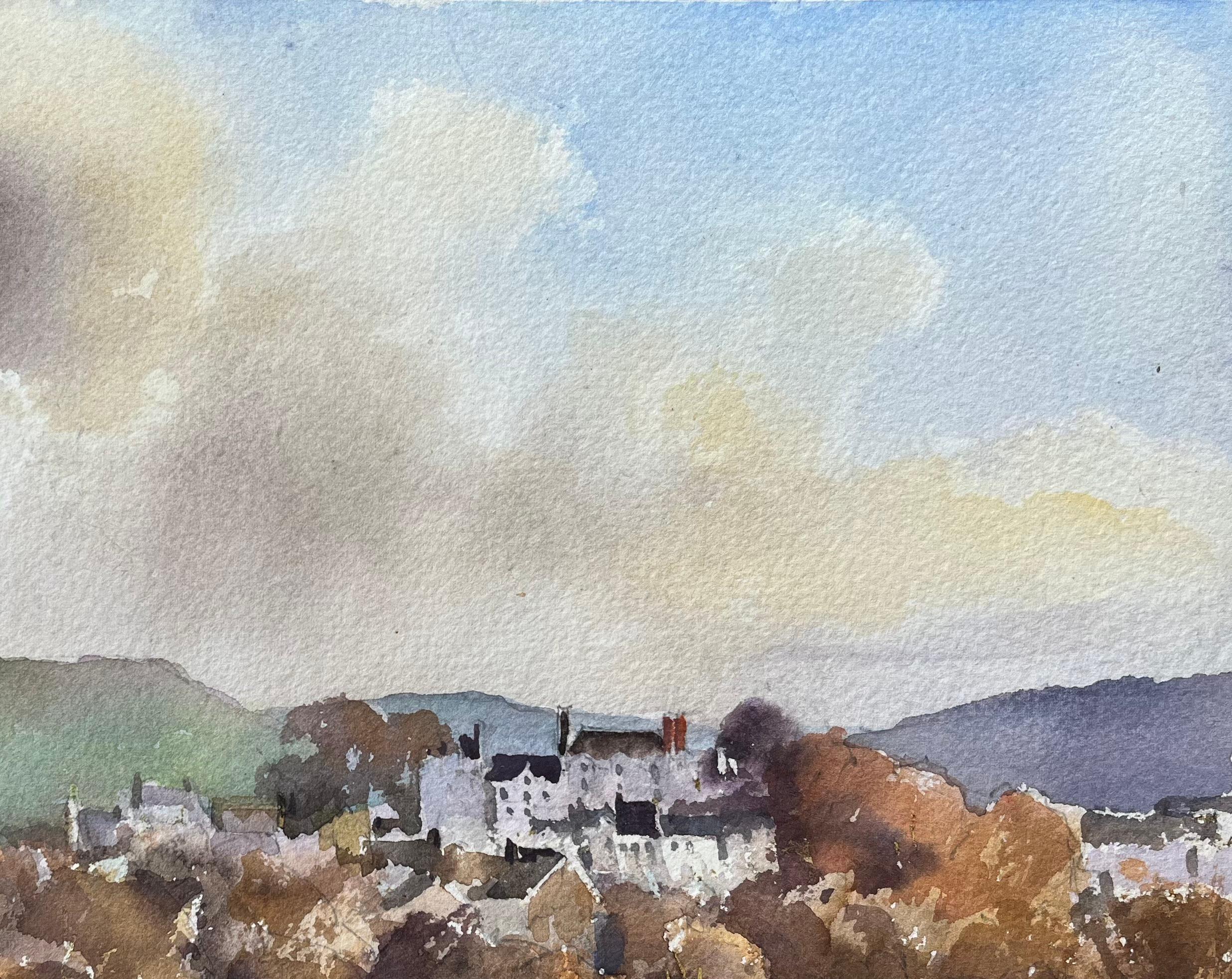 Titel: Britischer Impressionist Aquarell der Landschaft von Hay-on-Wye
von Anthony Avery (Brite 1946-2023)
Original-Aquarell auf Künstlerpapier, ungerahmt
Abmessungen: 11,25 x 15,25 Zoll (Höhe x Breite)
Zustand: Gut, mit leichten