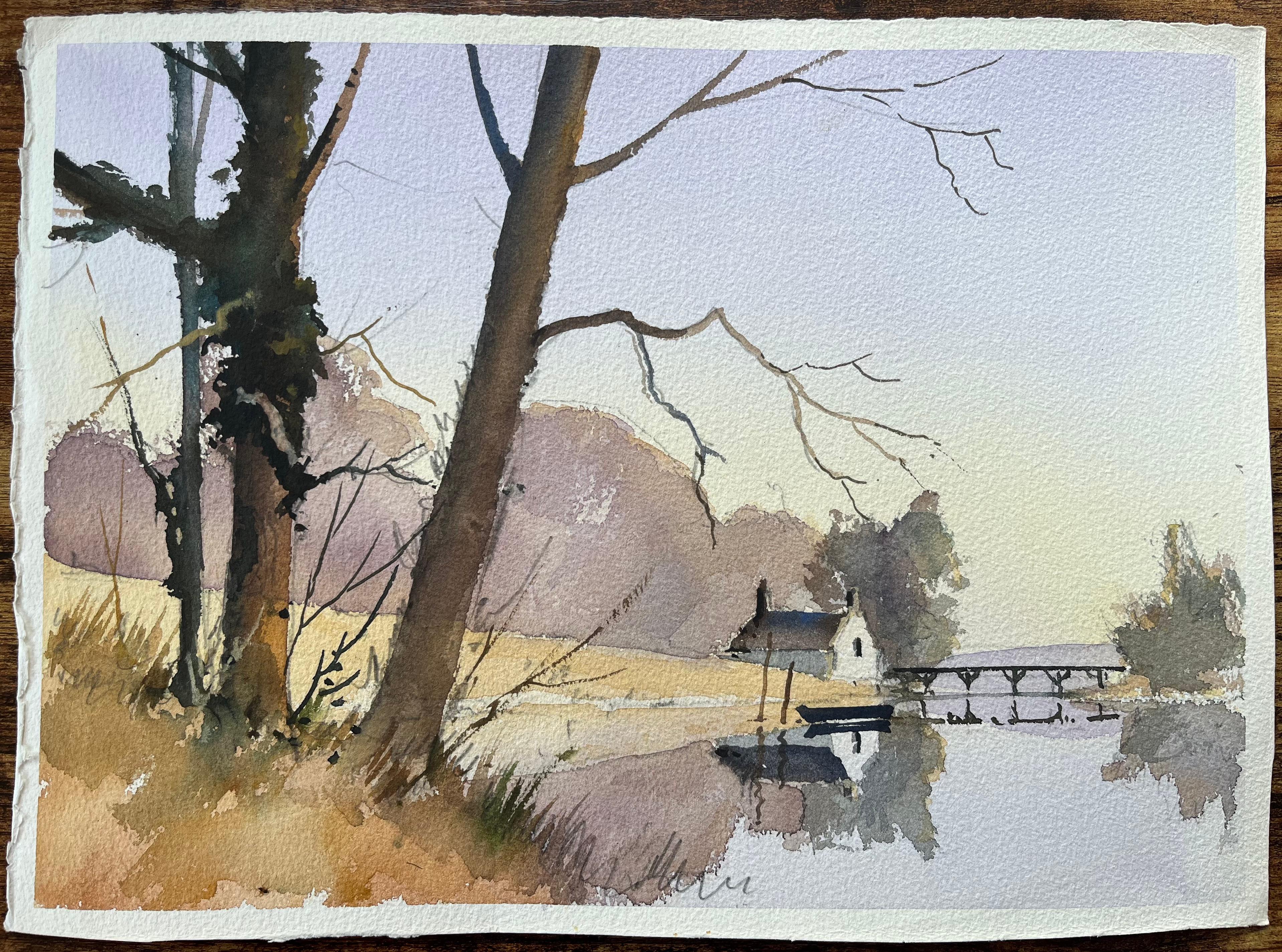 Britisches impressionistisches Aquarell der Landschaft mit Flussufer und Bäumen, British Impressionismus – Painting von Anthony Avery