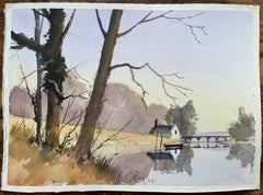 British Impressionist Watercolor of Landscape with Riverside Cottage and Trees