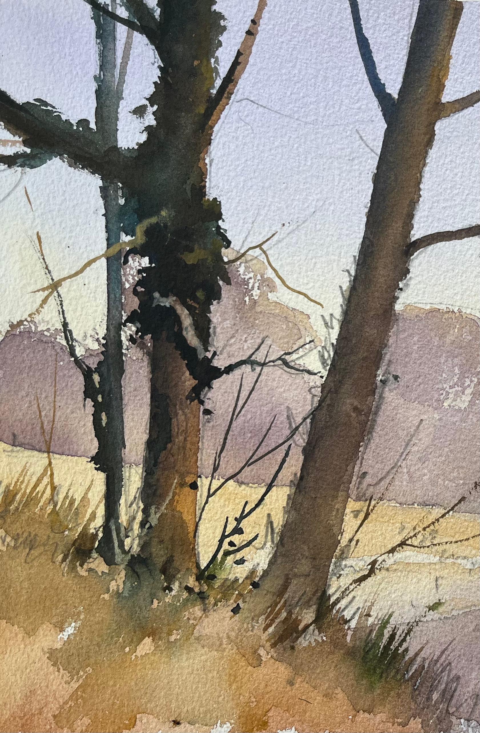 Britisches impressionistisches Aquarell der Landschaft mit Flussufer und Bäumen, British Impressionismus (Grau), Landscape Painting, von Anthony Avery