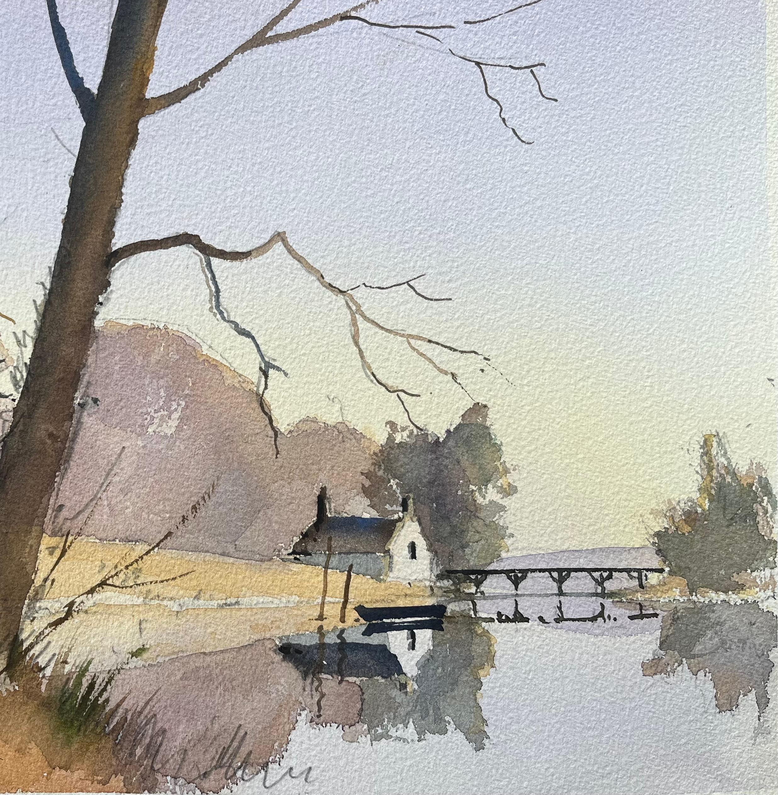 Britisches impressionistisches Aquarell der Landschaft mit Flussufer und Bäumen, British Impressionismus im Angebot 1