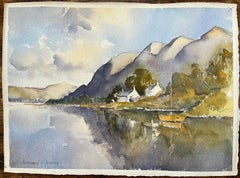British Impressionist Watercolor of Lochside Cottages with Reflections on Water